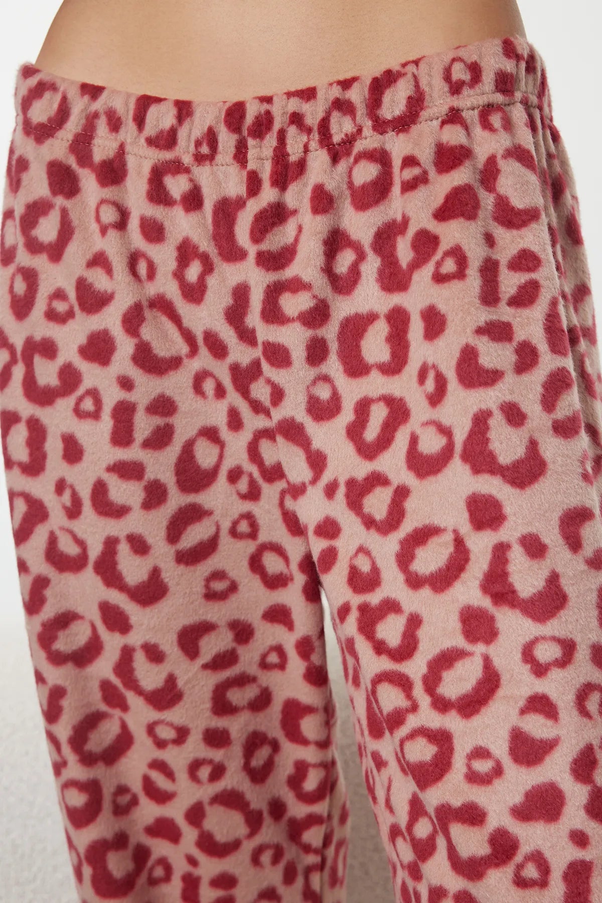 Red Leopard Patterned Polar Fleece Winter Knitted Pajama Set - Lebbse