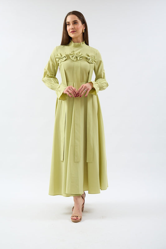 Ribbon Detailed Long Dress Oil Green - Lebbse