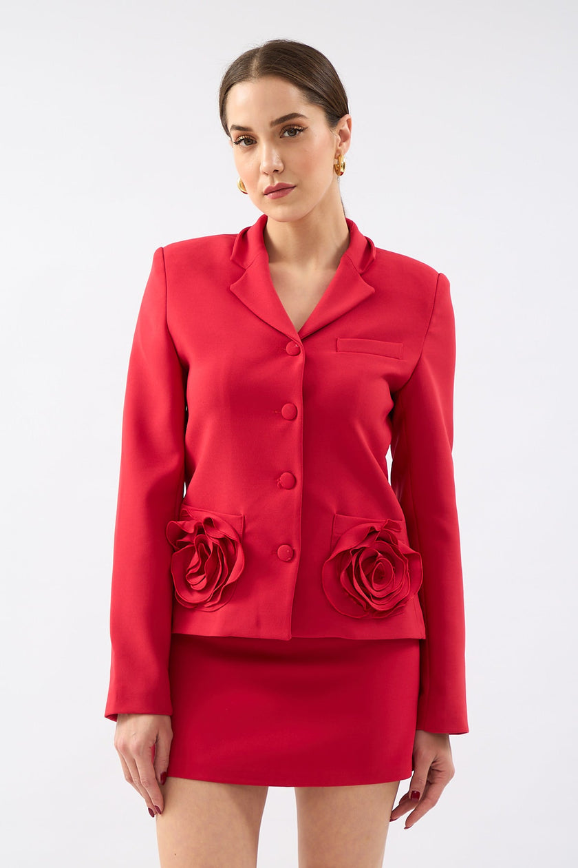 3- جاكيت وتنورة للسهرة طقم لون أحمر - Rose Detail Jacket Mini Skirt Set Red