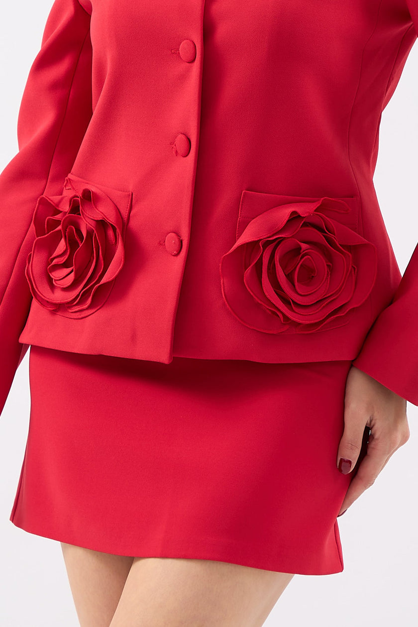 2- جاكيت وتنورة للسهرة طقم لون أحمر - Rose Detail Jacket Mini Skirt Set Red