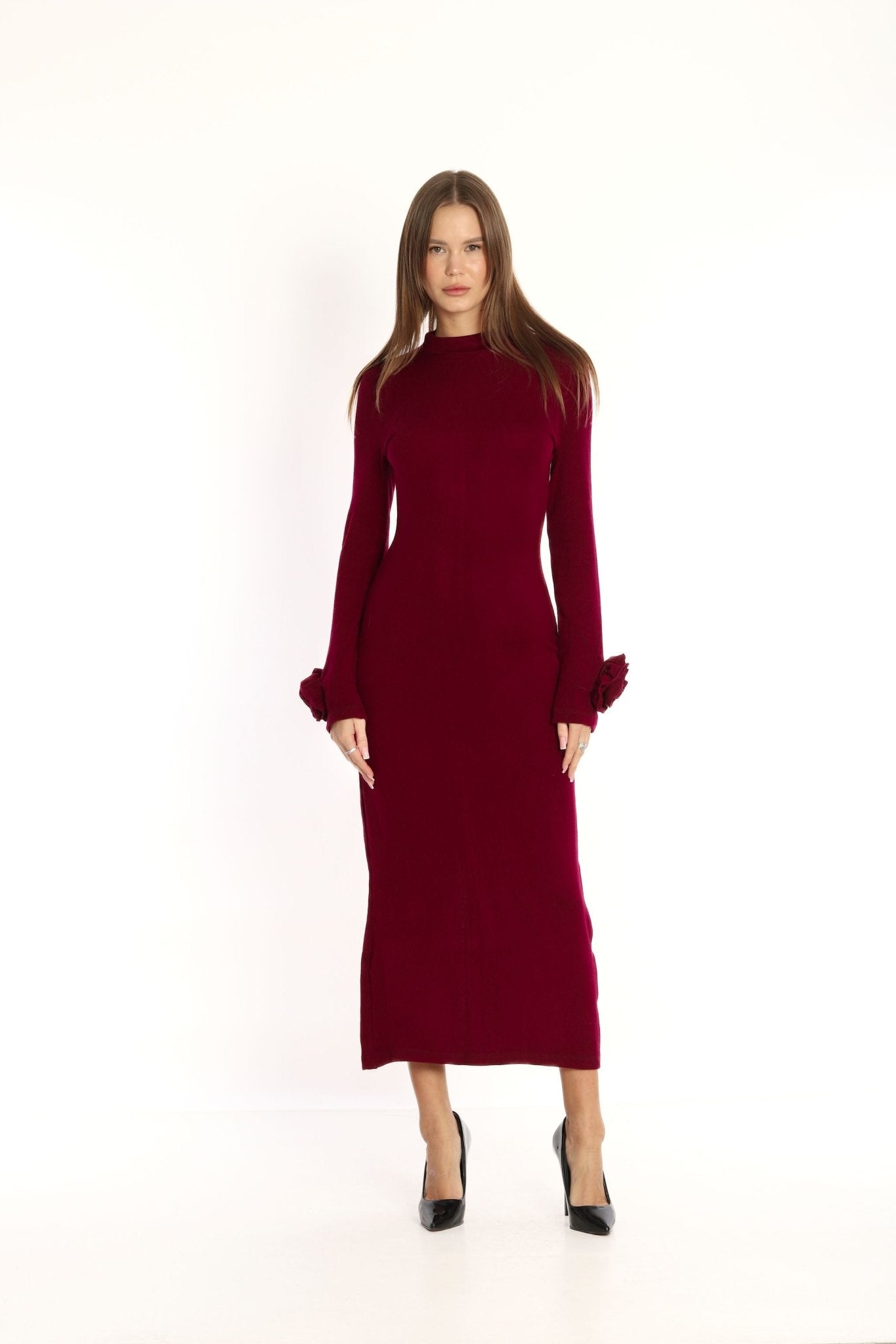 Rose Sleeve Knit Dress Burgundy - Lebbse