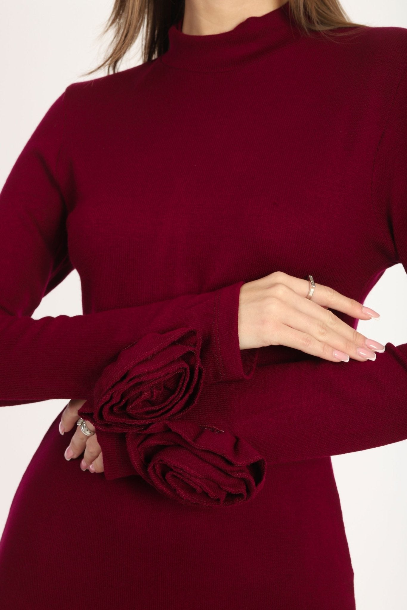 Rose Sleeve Knit Dress Burgundy - Lebbse