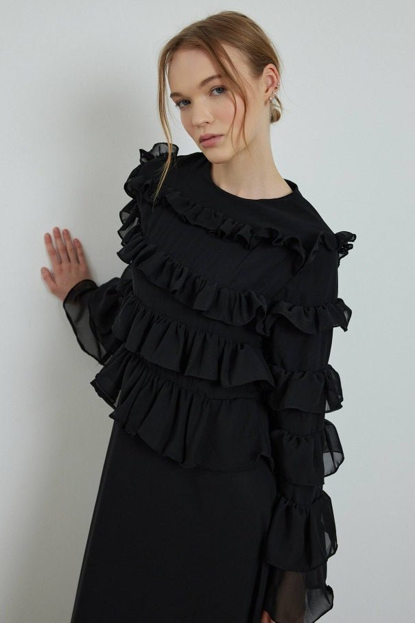 Ruffle Chiffon Black Dress - Lebbse