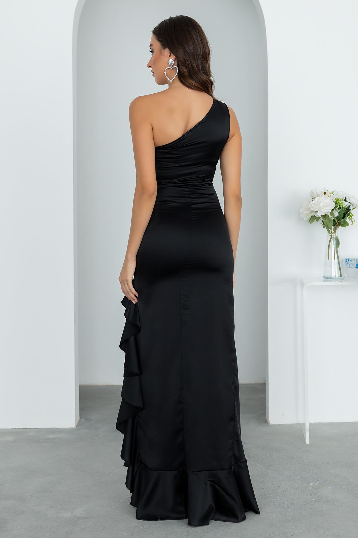 Ruffle Evening Dress - BLACK - Lebbse