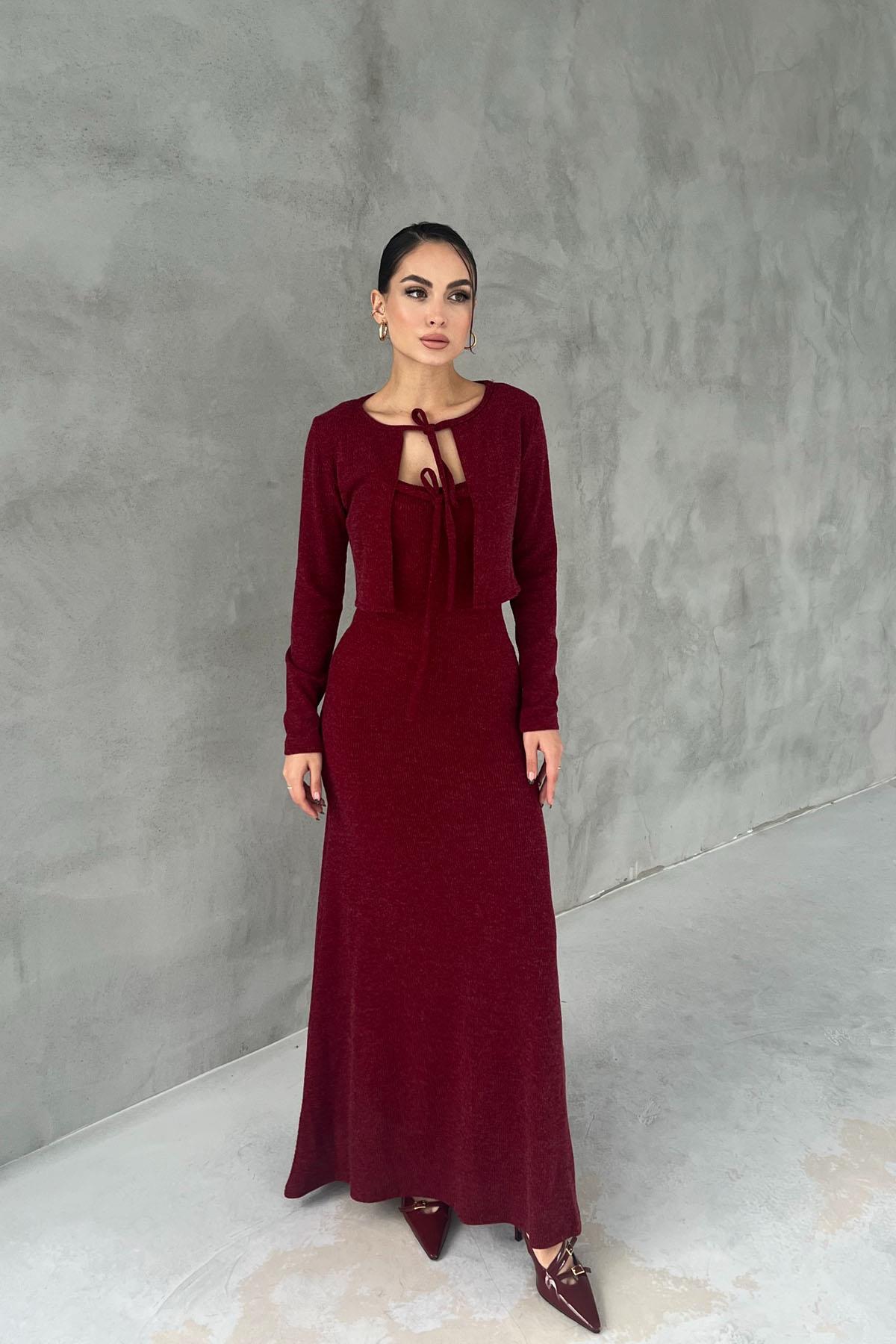 Claret red  Sotra Tie Detail Cardigan Dress Set