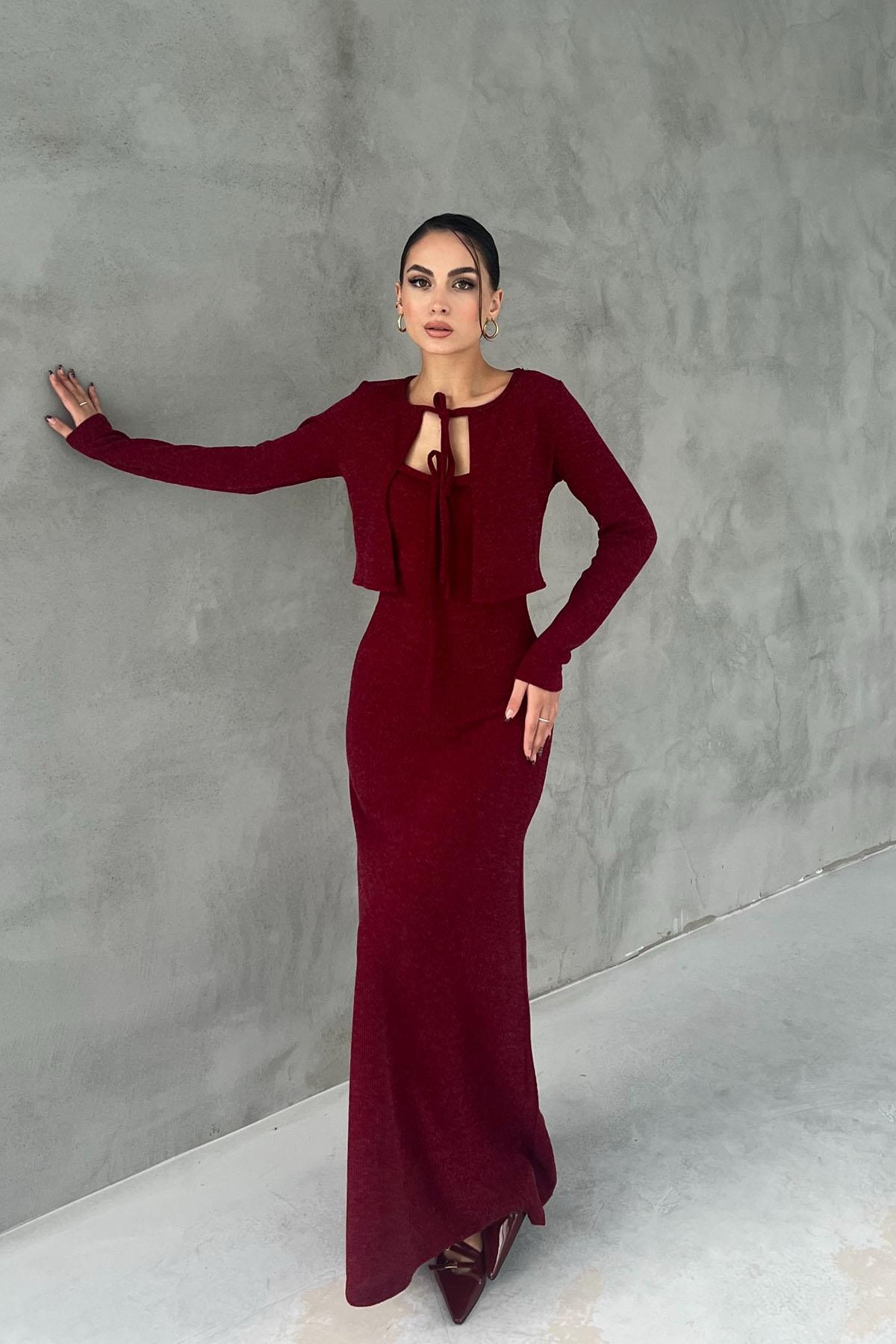 Claret red  Sotra Tie Detail Cardigan Dress Set