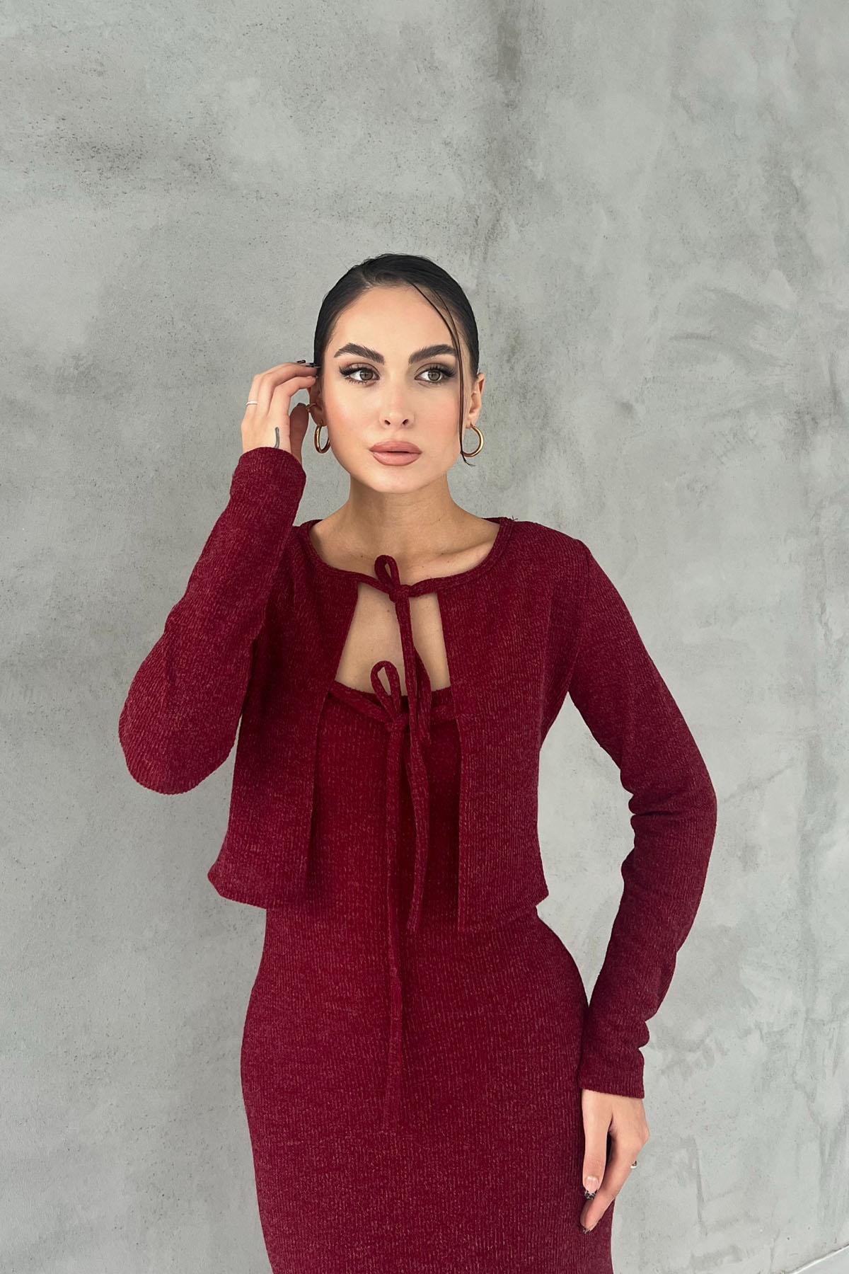 Claret red  Sotra Tie Detail Cardigan Dress Set