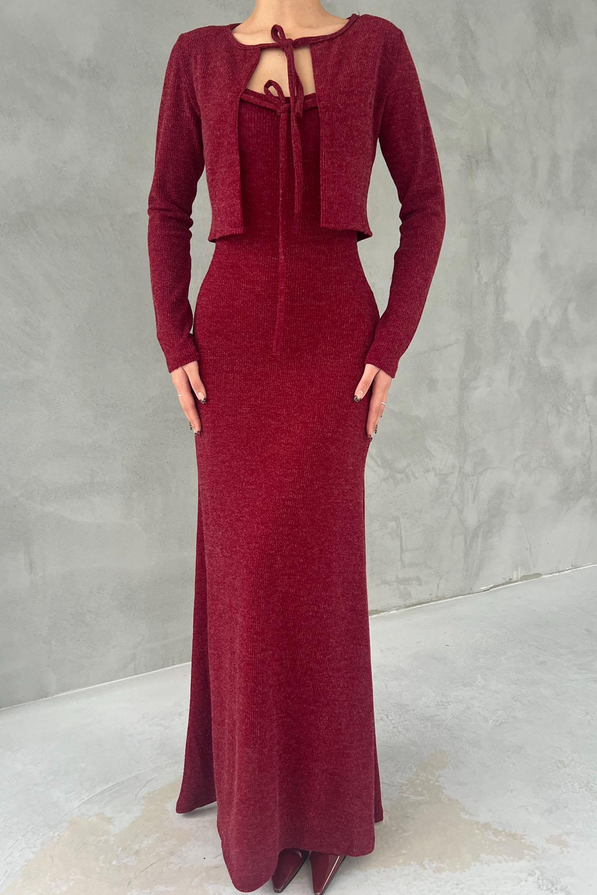 Claret red  Sotra Tie Detail Cardigan Dress Set