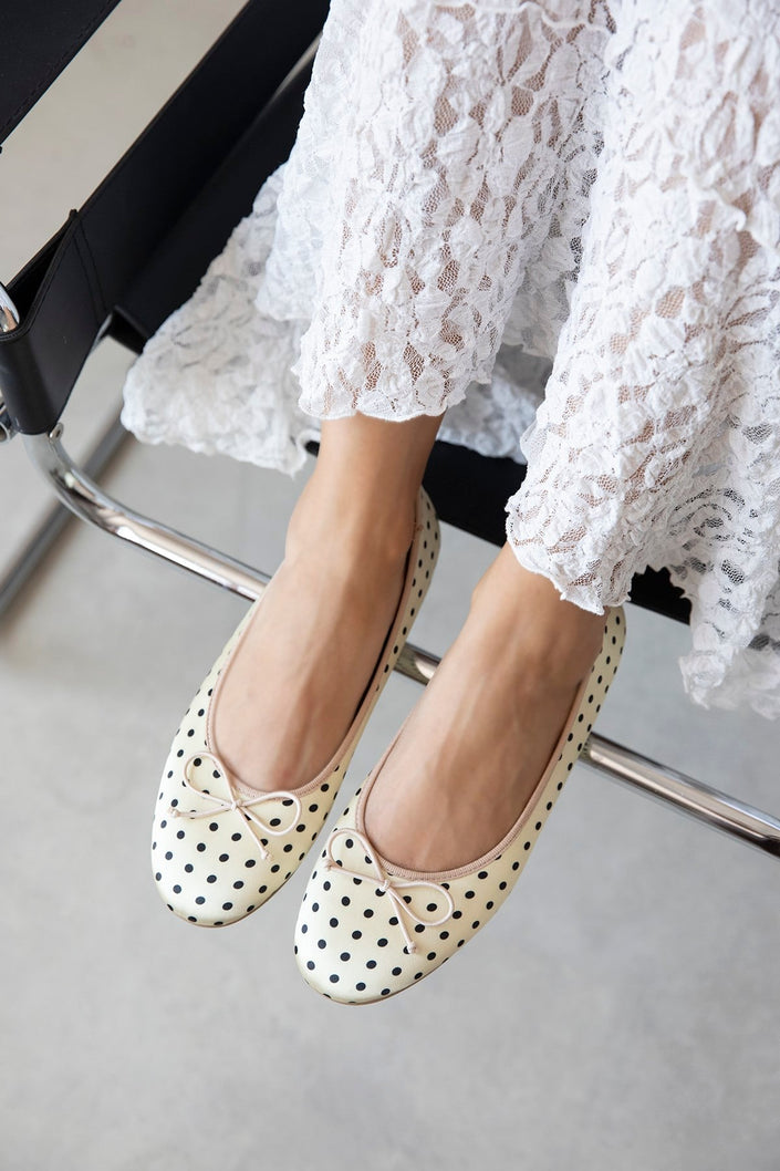 LILY YELLOW POLKA DOT SATIN BOW DETAIL WOMEN’S BALLET FLATS