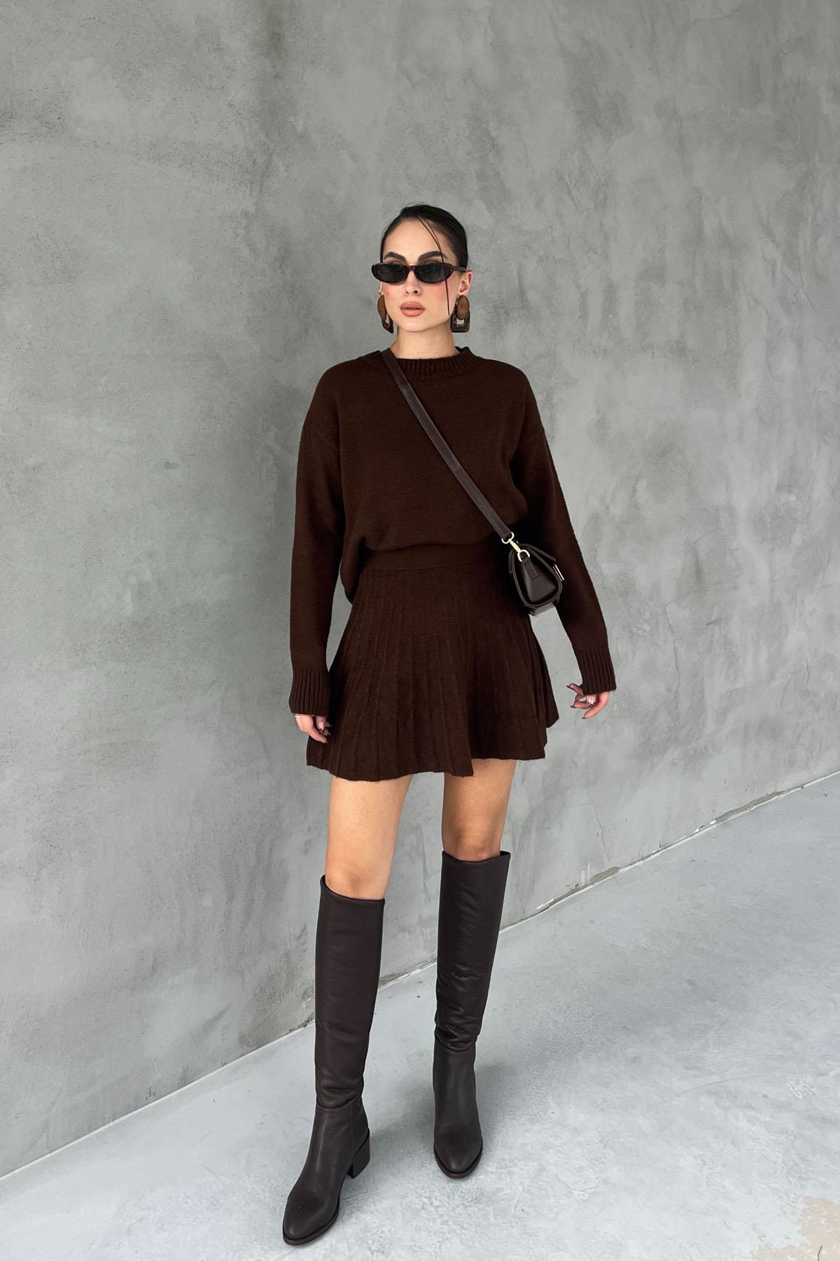 Coffee Knit Mini Skirt Sweater Set