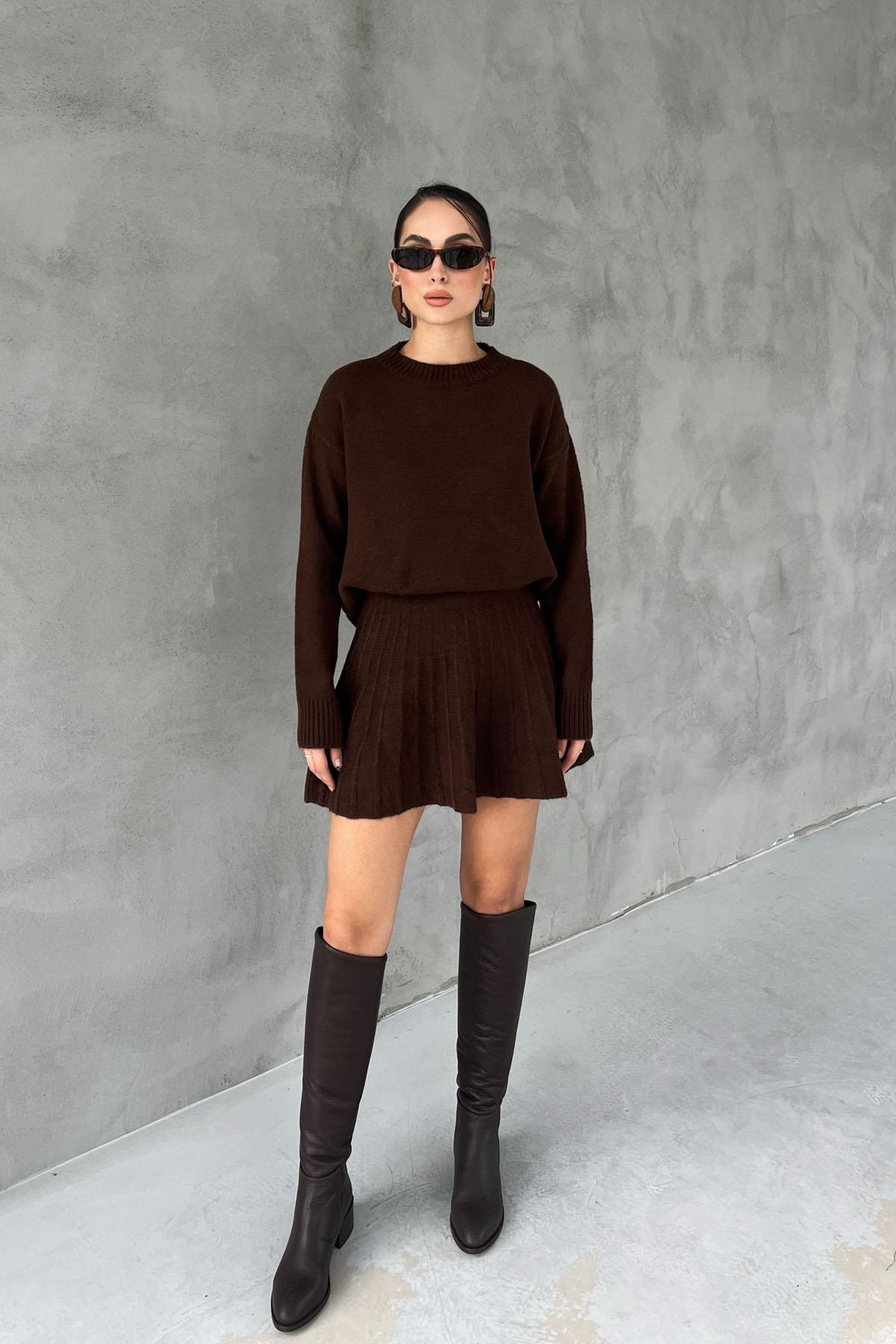 Coffee Knit Mini Skirt Sweater Set