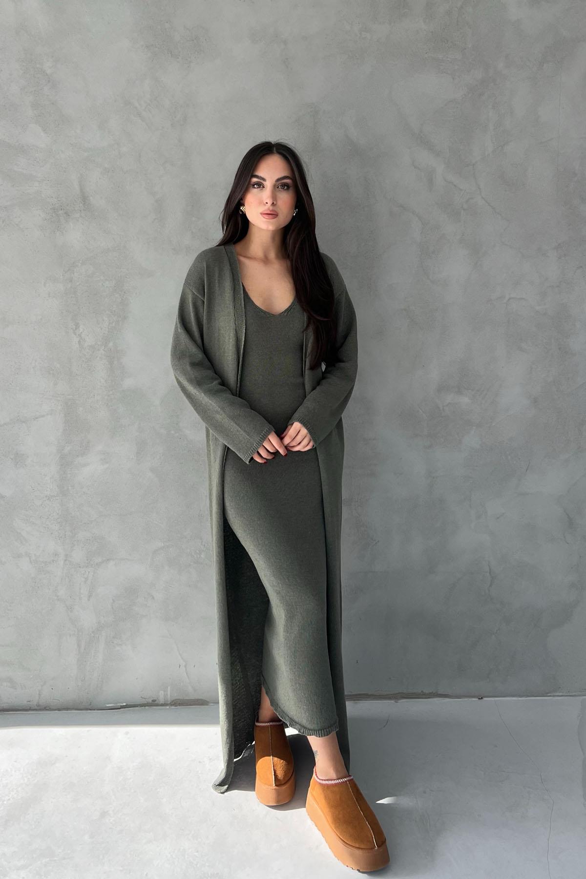 Grass Green V-Neck Long Dress Cardigan Knitwear Set