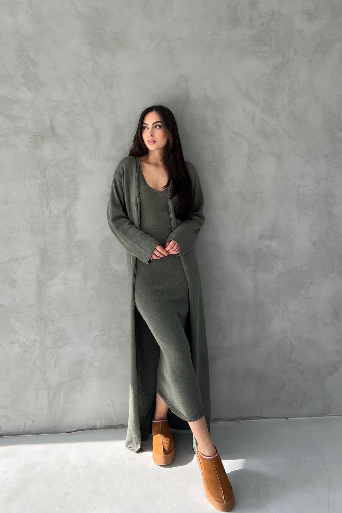 Grass Green V-Neck Long Dress Cardigan Knitwear Set