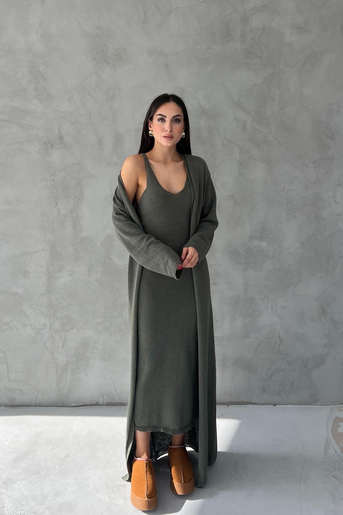 Grass Green V-Neck Long Dress Cardigan Knitwear Set