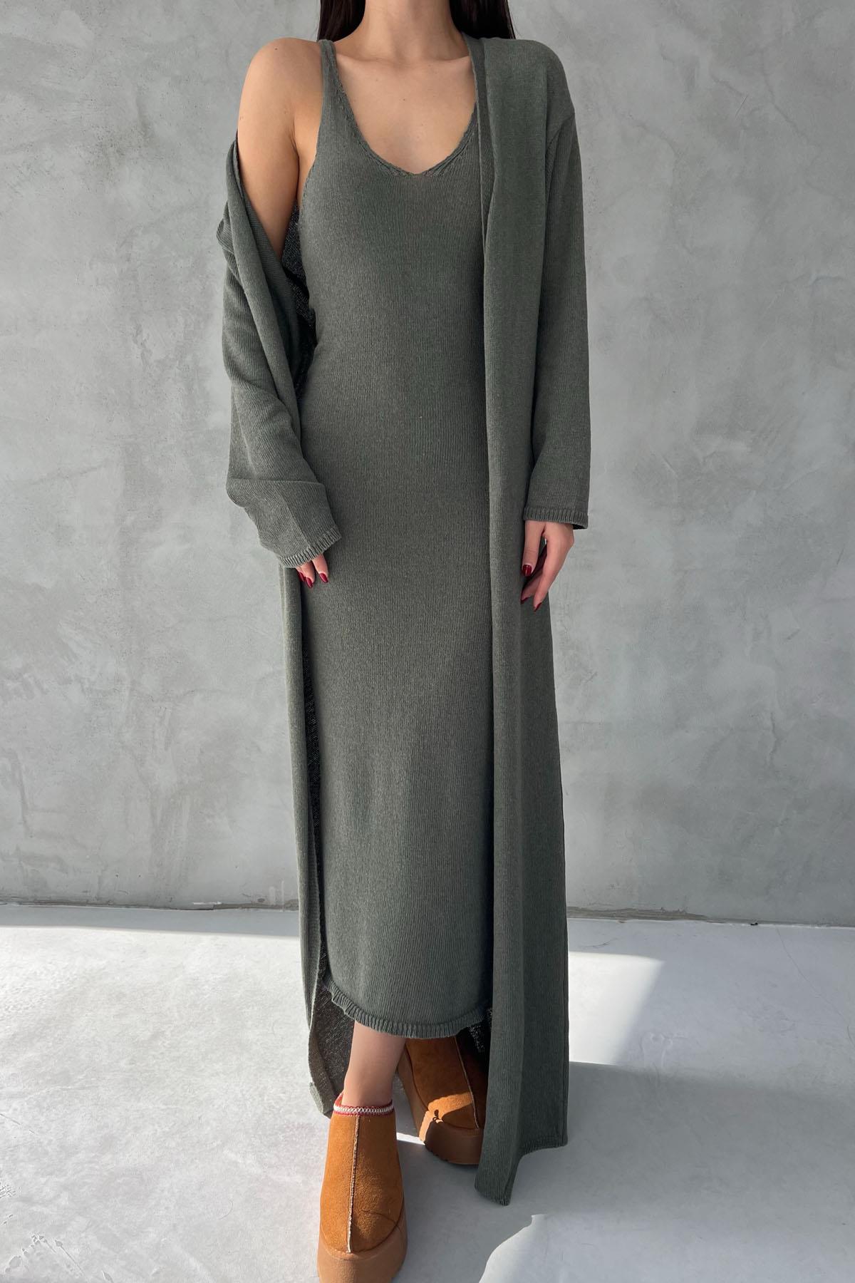 Grass Green V-Neck Long Dress Cardigan Knitwear Set