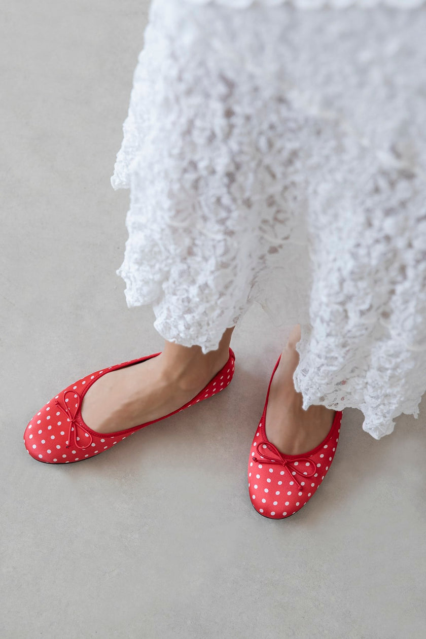 LILY RED POLKA DOT SATIN BOW DETAIL WOMEN’S BALLET FLATS
