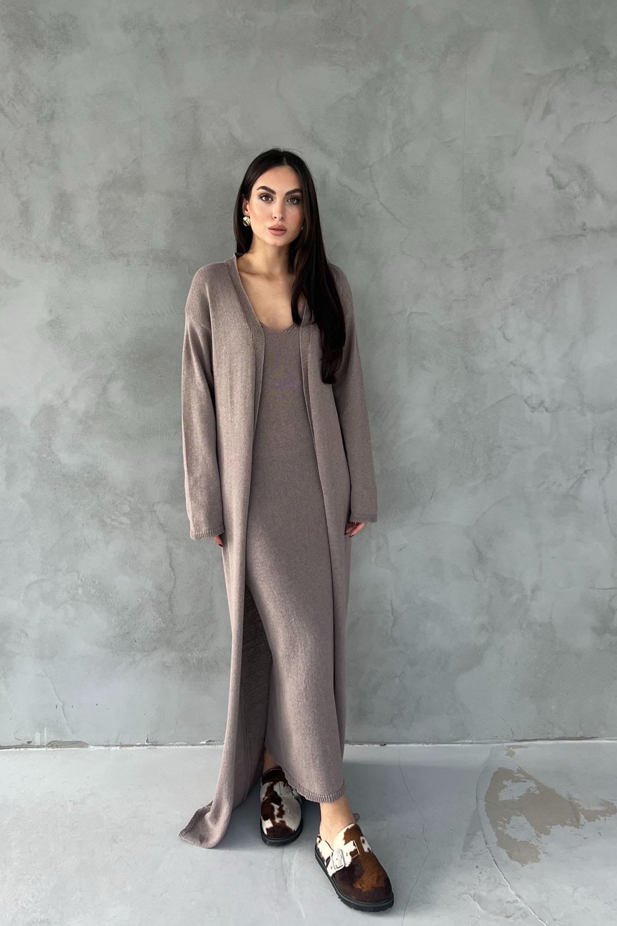 Mink V-Neck Long Dress Cardigan Knitwear Set