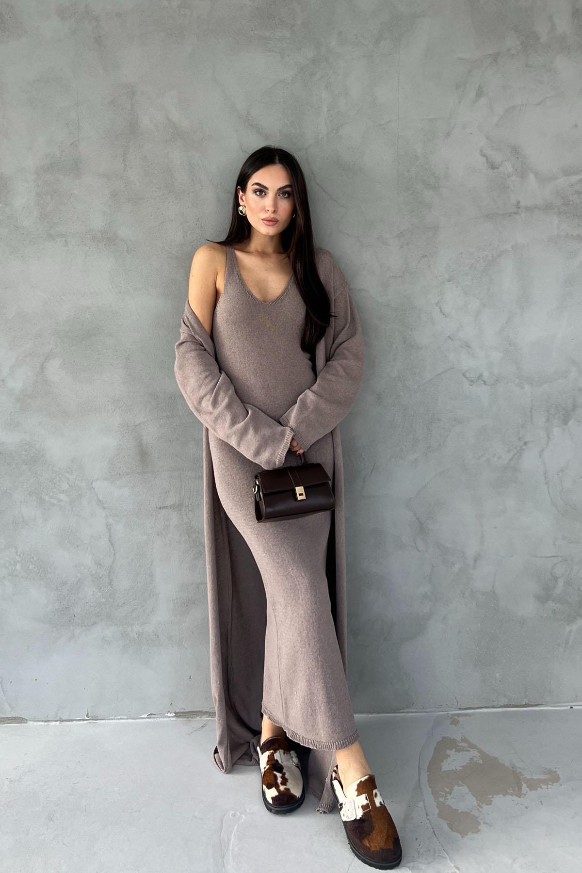 Mink V-Neck Long Dress Cardigan Knitwear Set