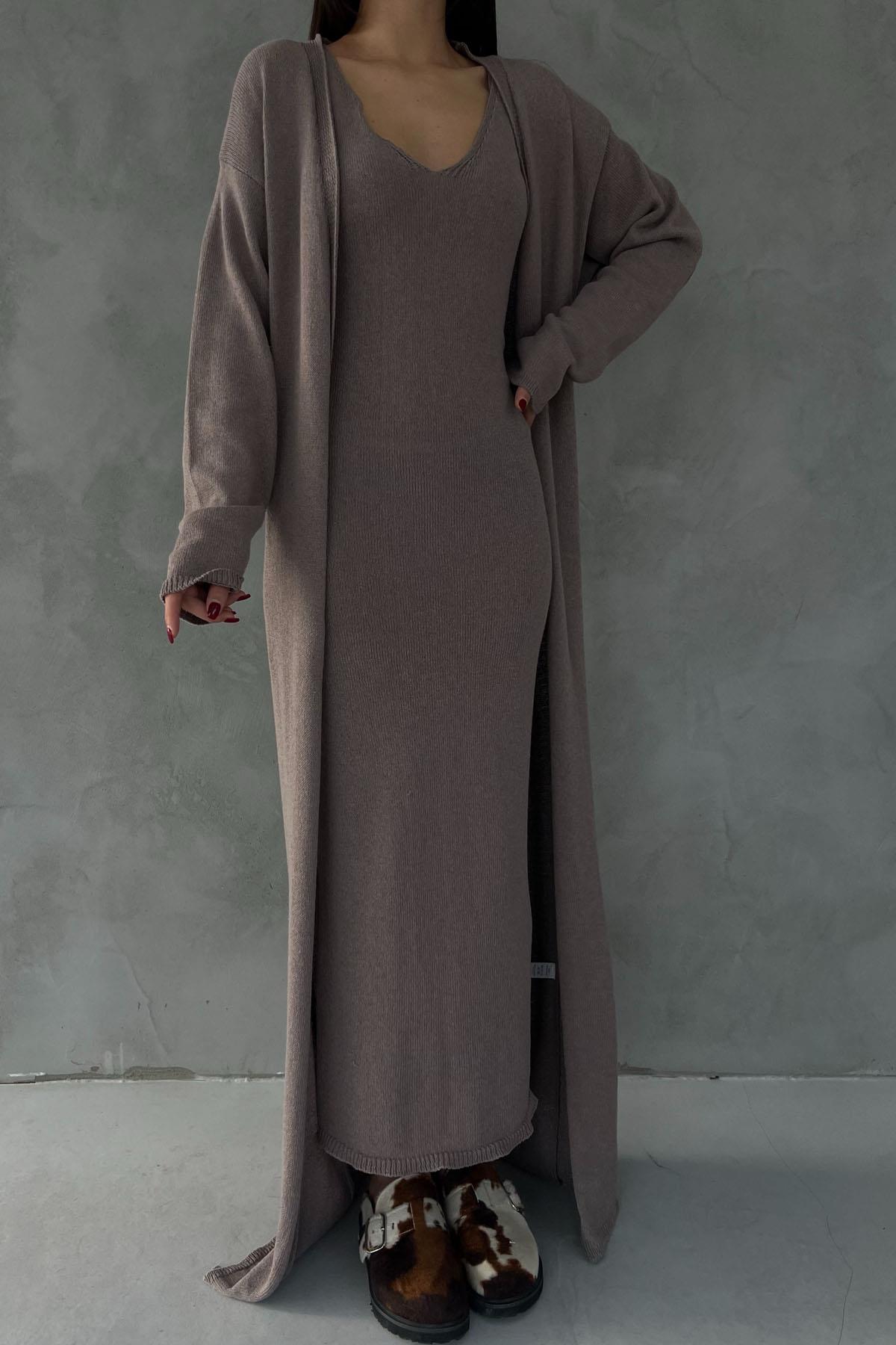 Mink V-Neck Long Dress Cardigan Knitwear Set