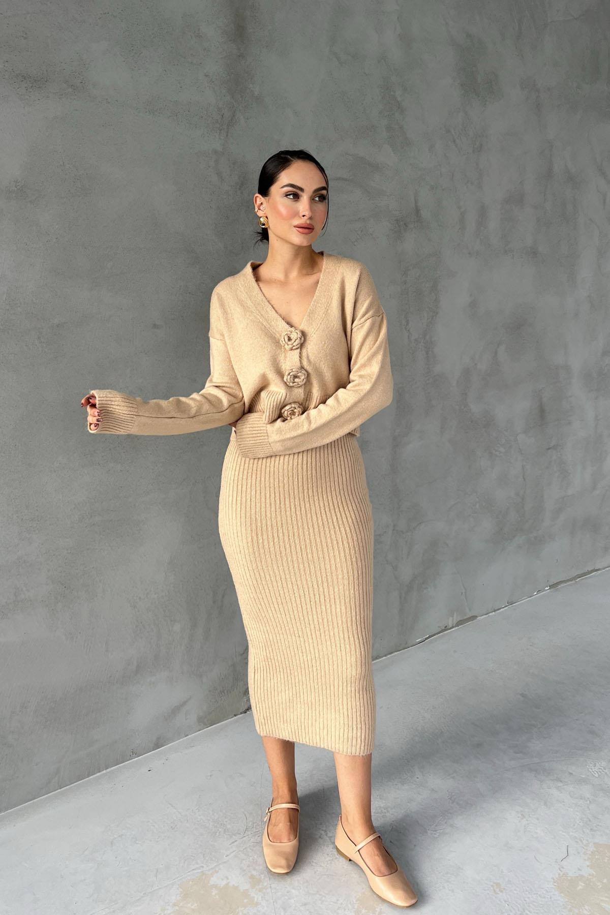 Beige Rose Detailed Cardigan Dress Two Piece Set