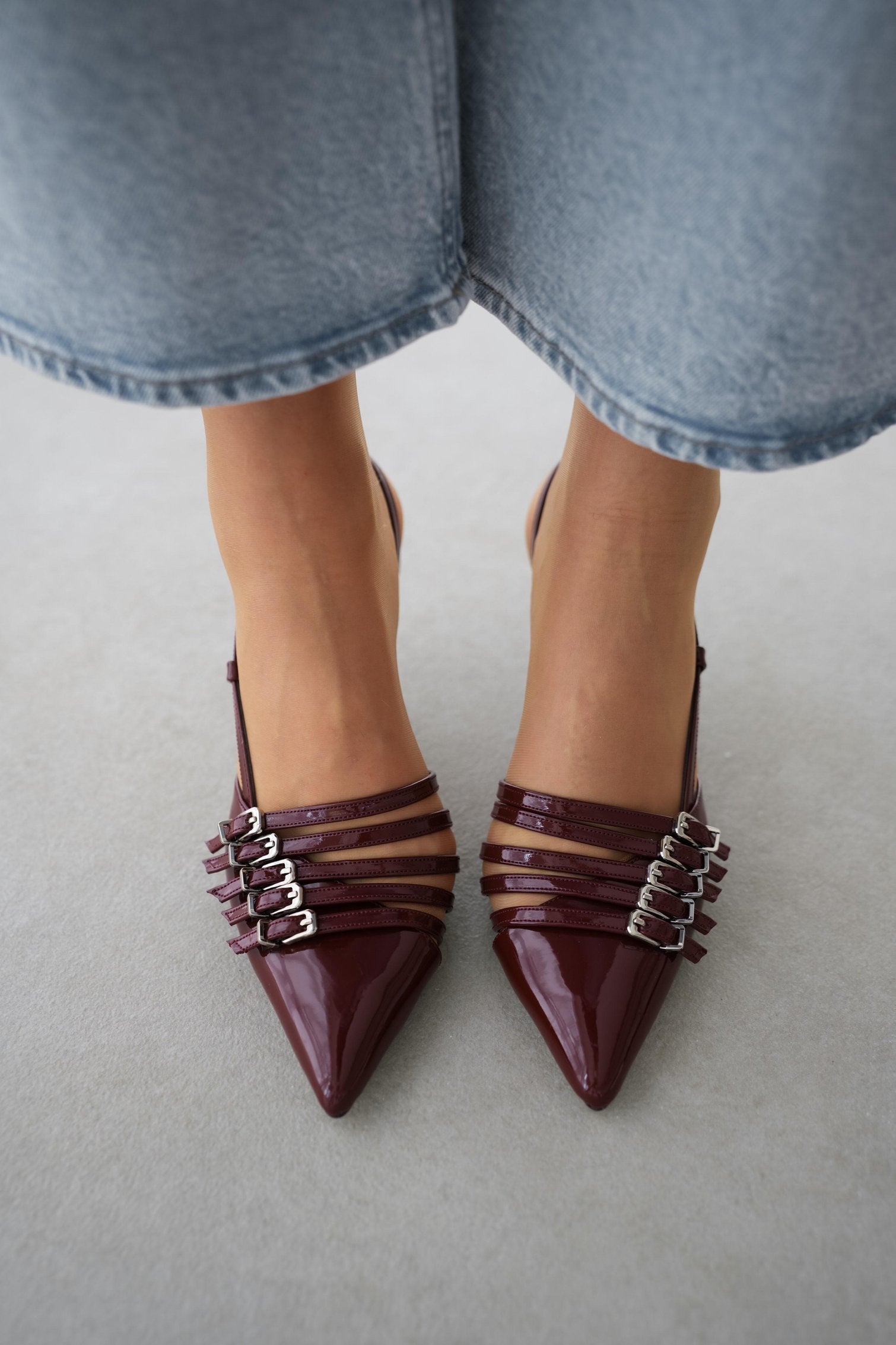 Pena Pointed Toe Five-Stripe Detailed Ankle-Tie Women's Stiletto- CLARET PATENT