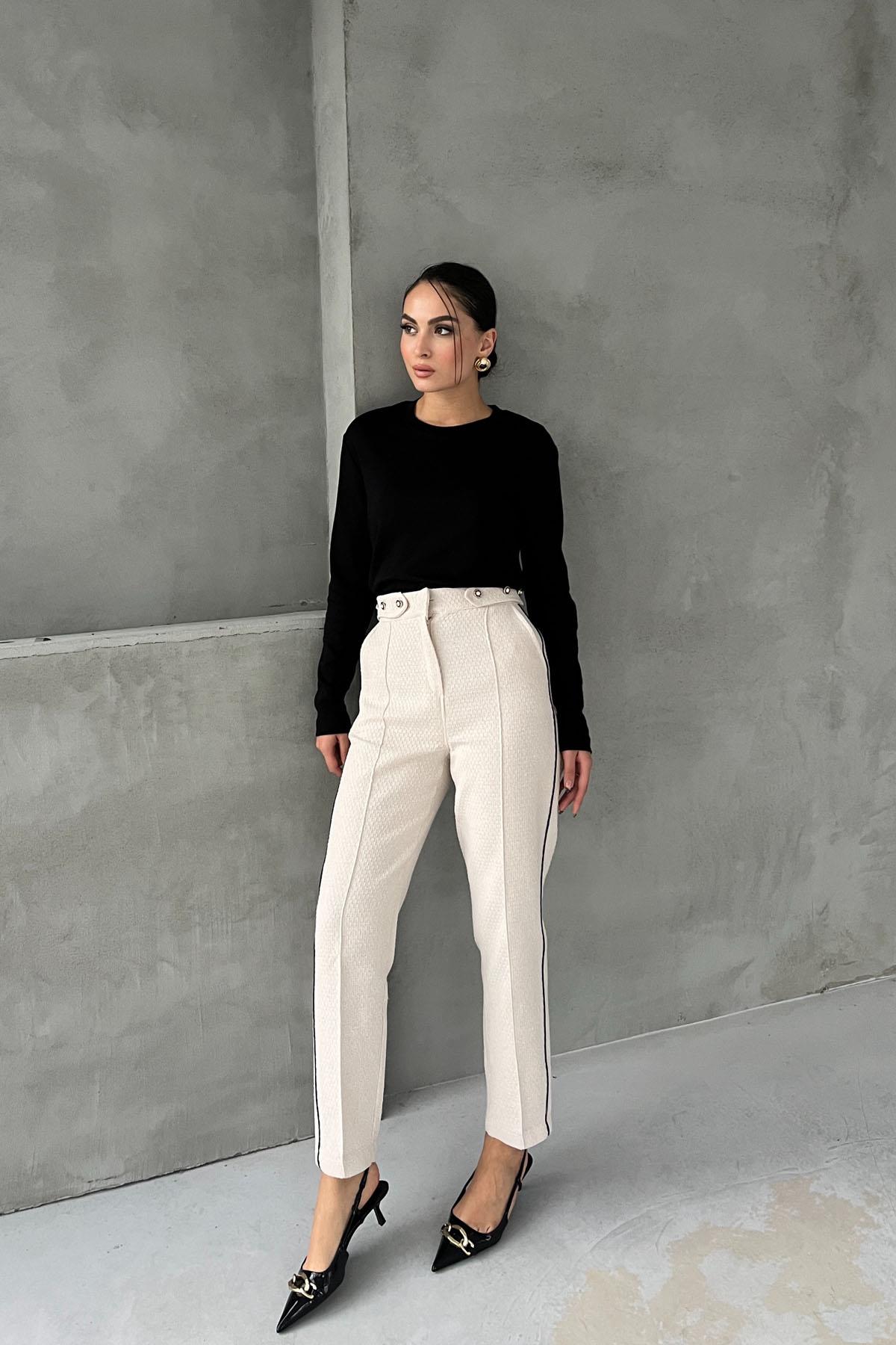 Beige Waist Pearl Detail Black Striped Tweed Trousers