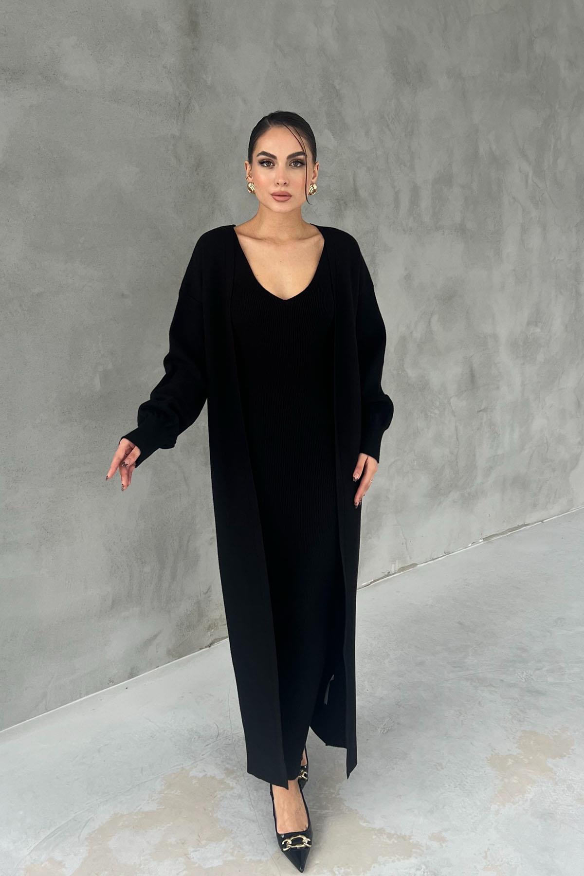 Black Knitted Cardigan Dress Set