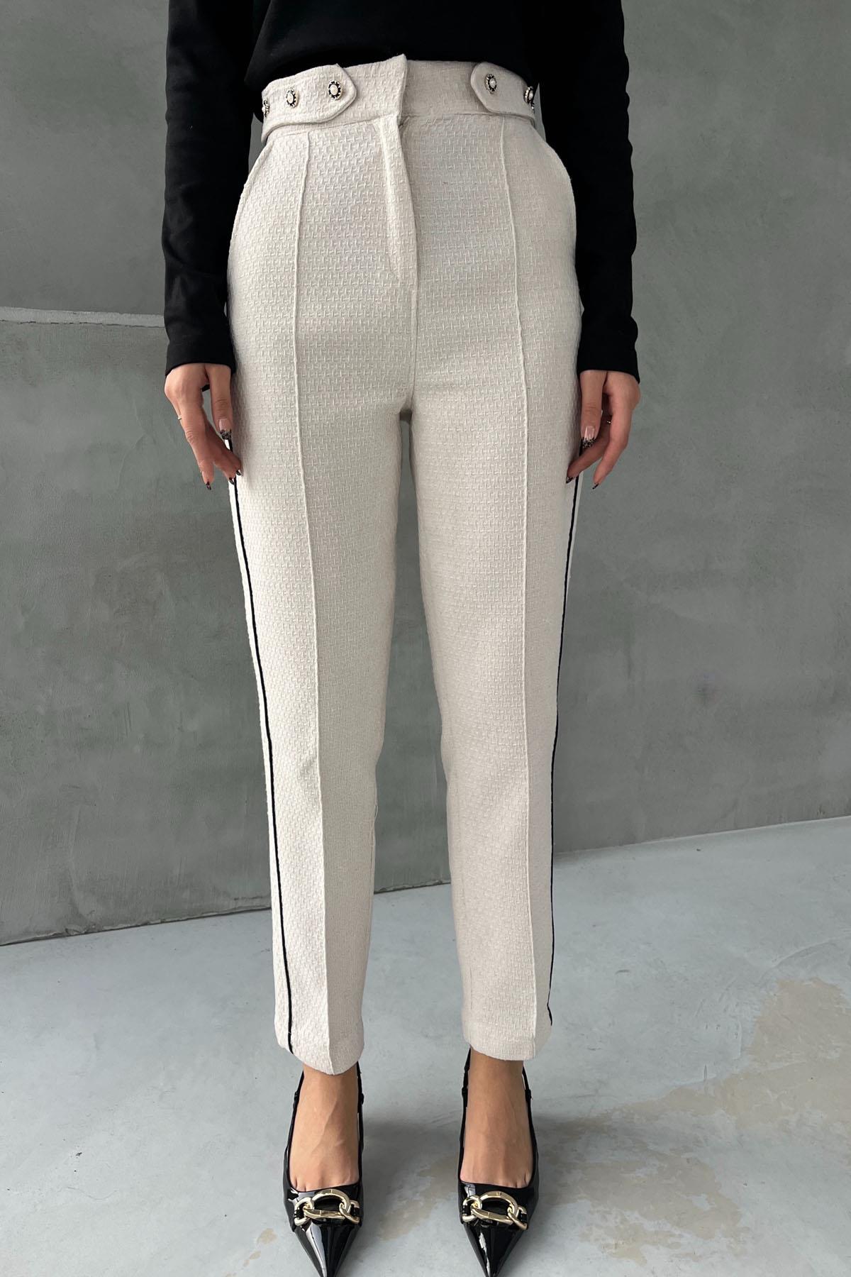 Beige Waist Pearl Detail Black Striped Tweed Trousers