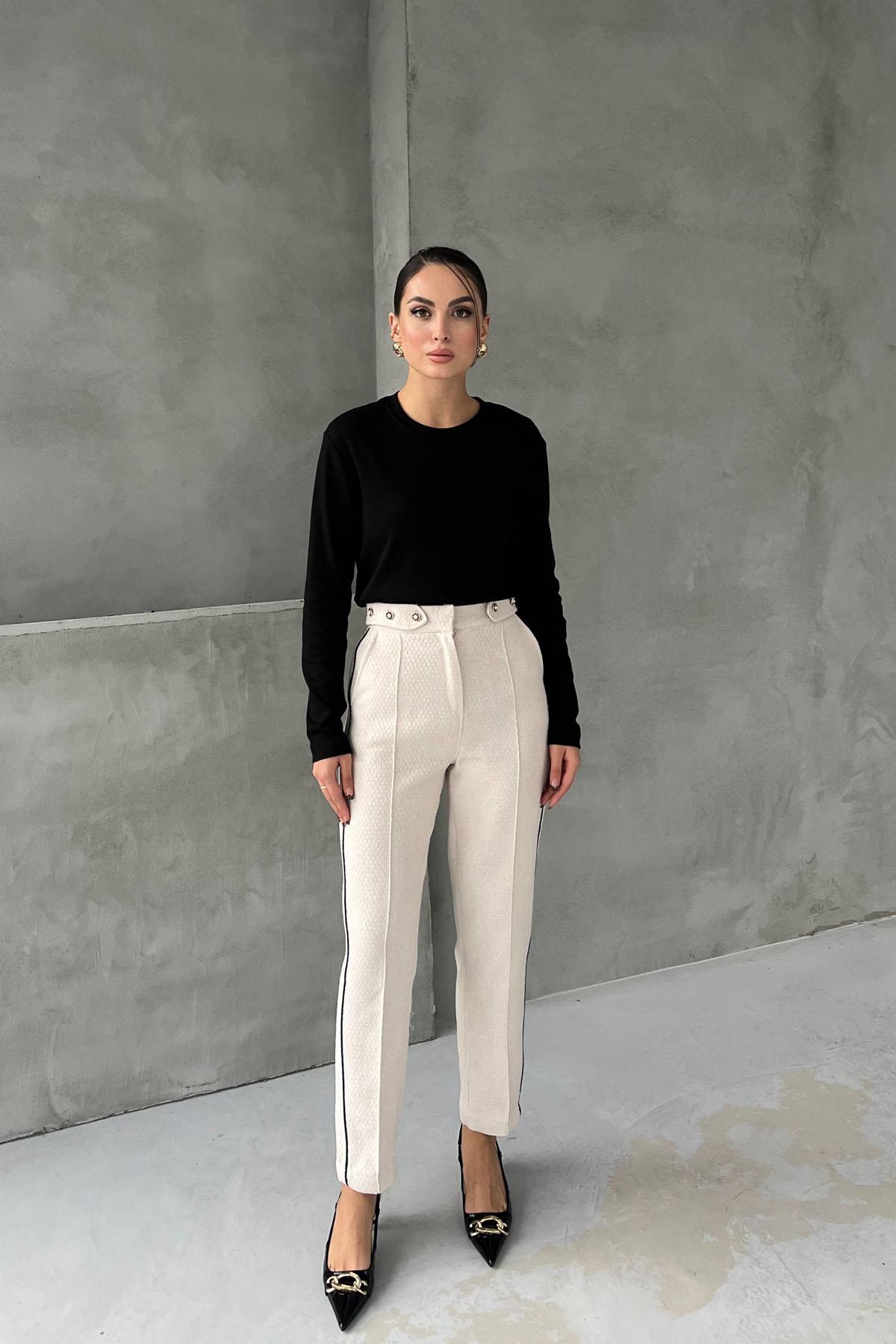 Beige Waist Pearl Detail Black Striped Tweed Trousers