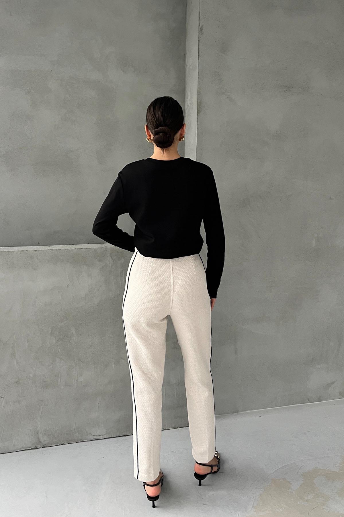 Beige Waist Pearl Detail Black Striped Tweed Trousers