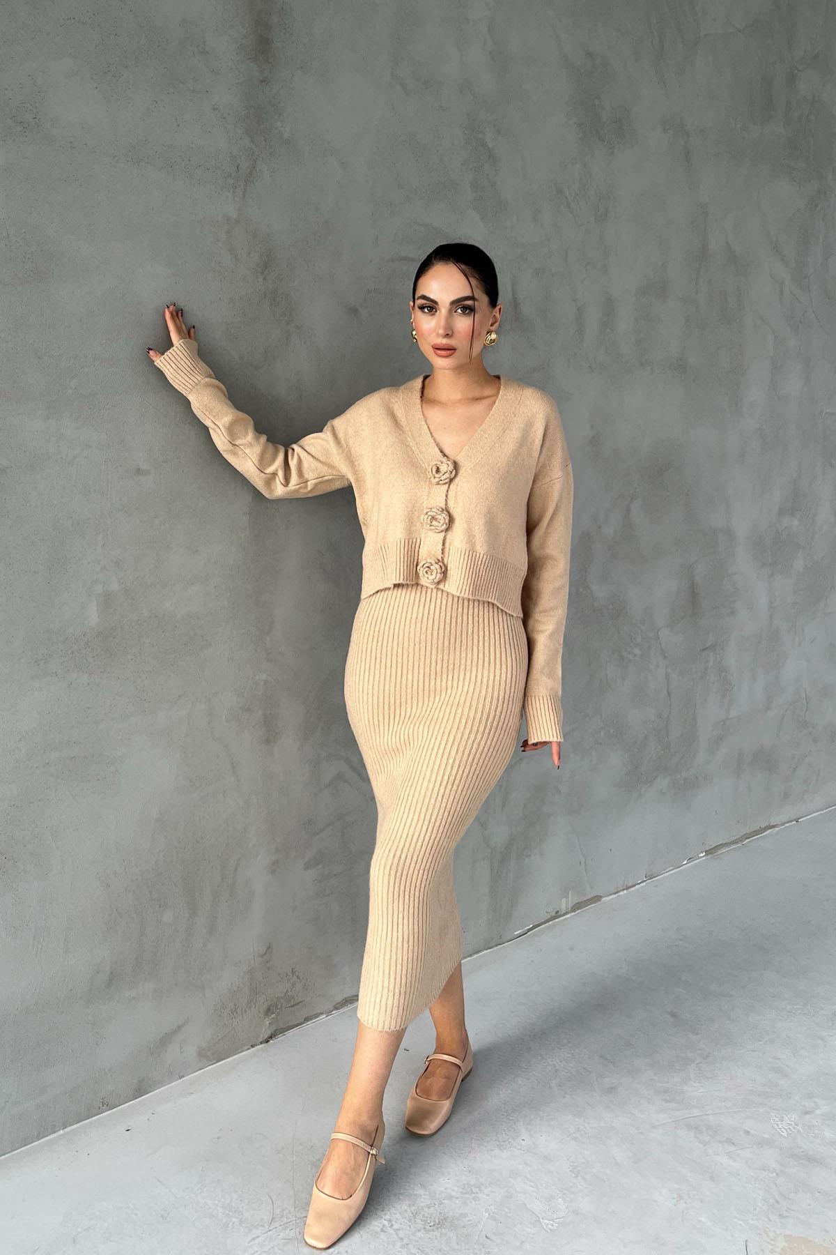 Beige Rose Detailed Cardigan Dress Two Piece Set