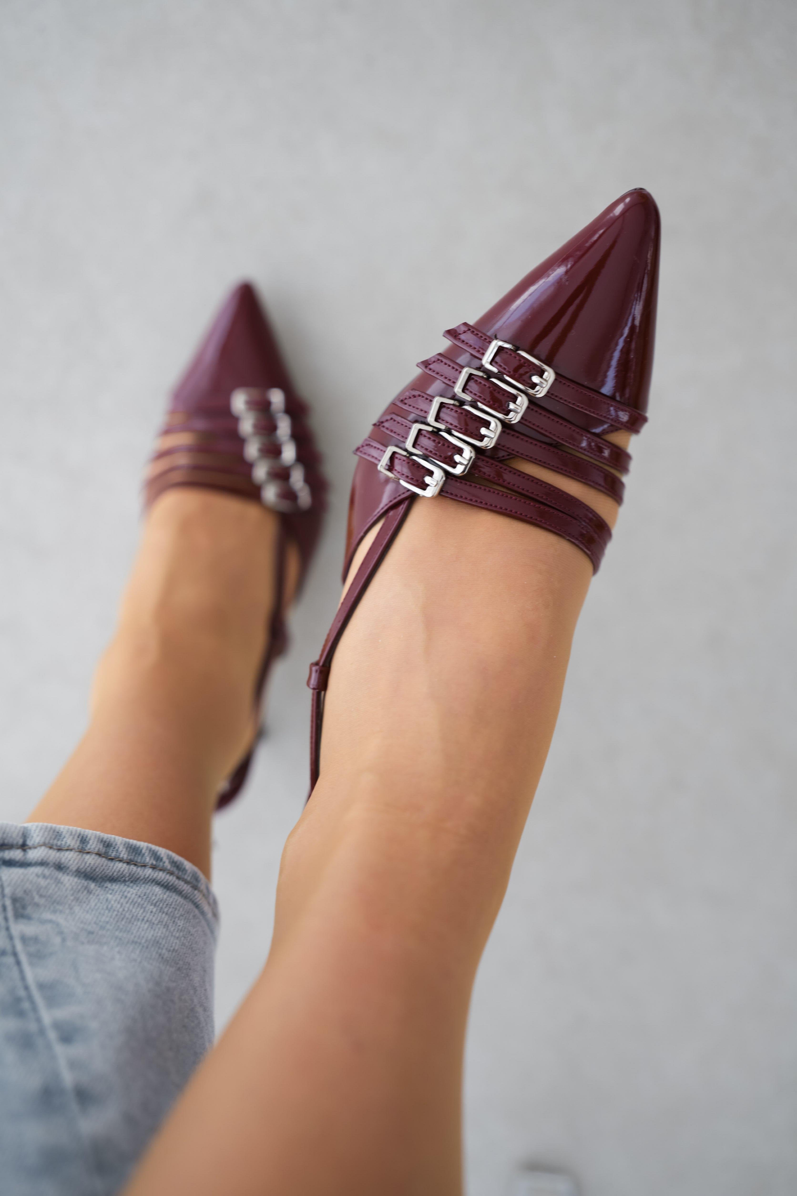 Pena Pointed Toe Five-Stripe Detailed Ankle-Tie Women's Stiletto- CLARET PATENT