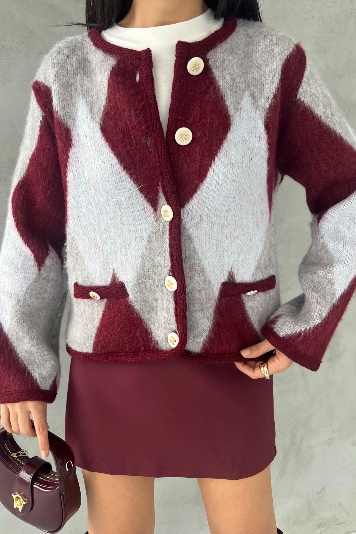 Claret red Transitional Soft Baklava Patterned Cardigan