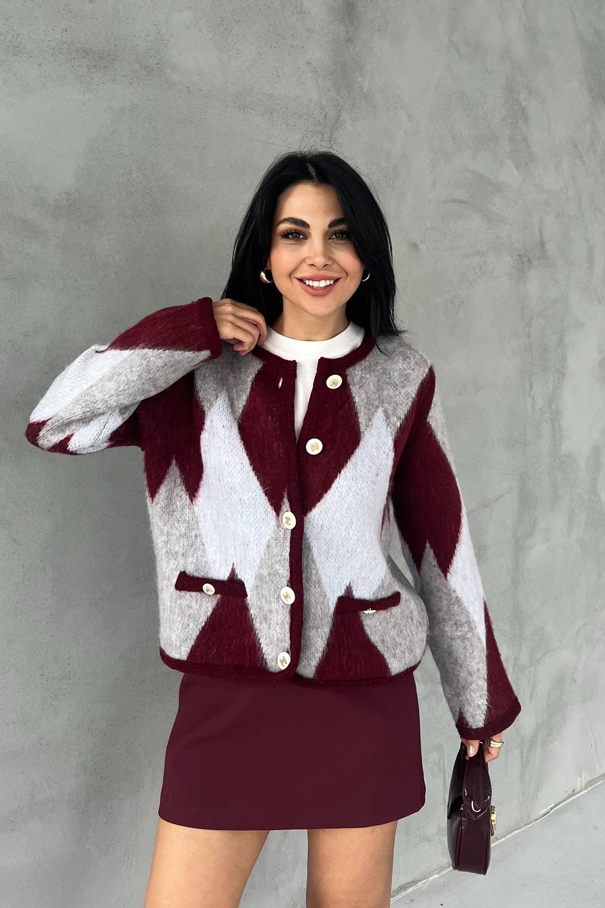 Claret red Transitional Soft Baklava Patterned Cardigan