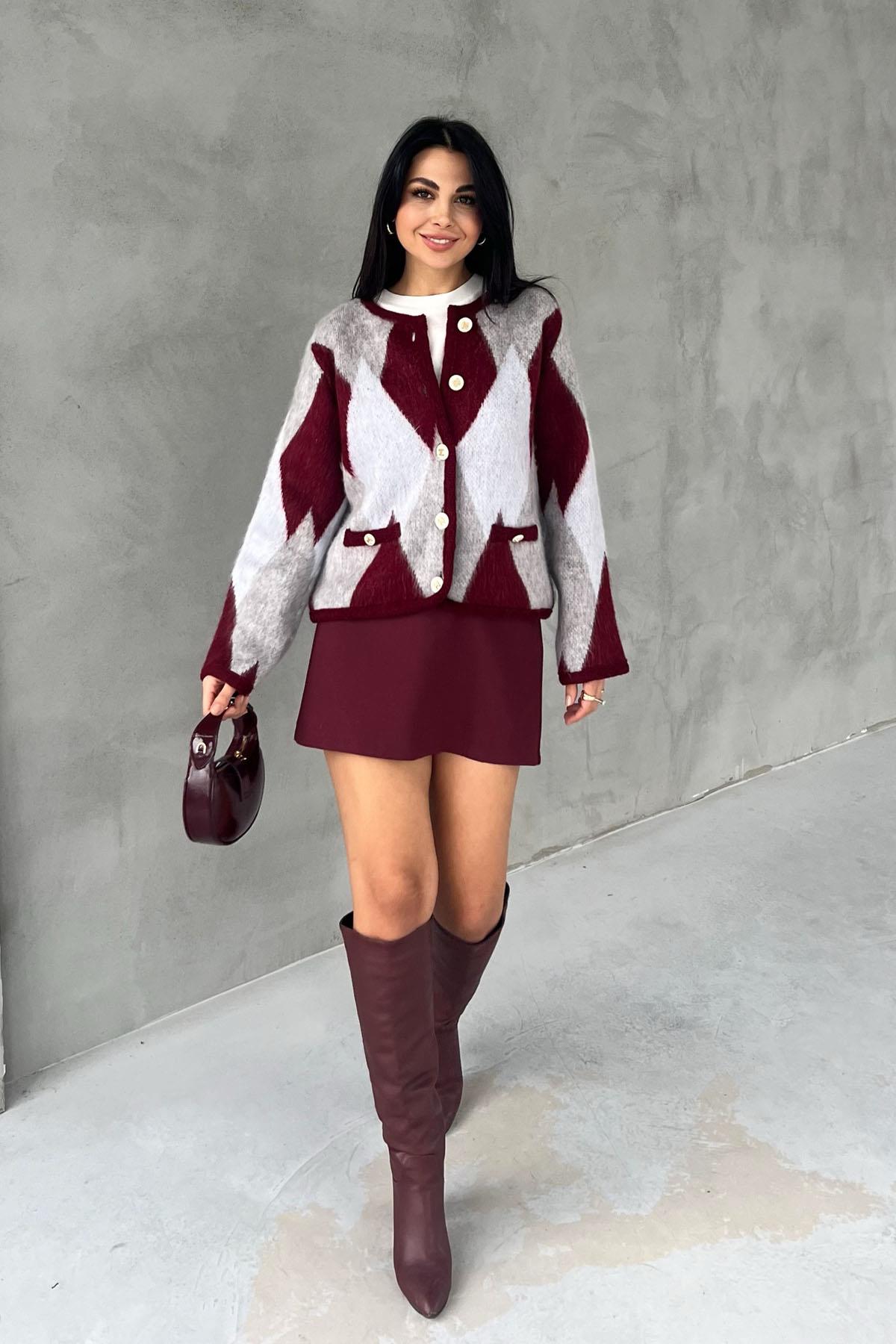 Claret red Transitional Soft Baklava Patterned Cardigan