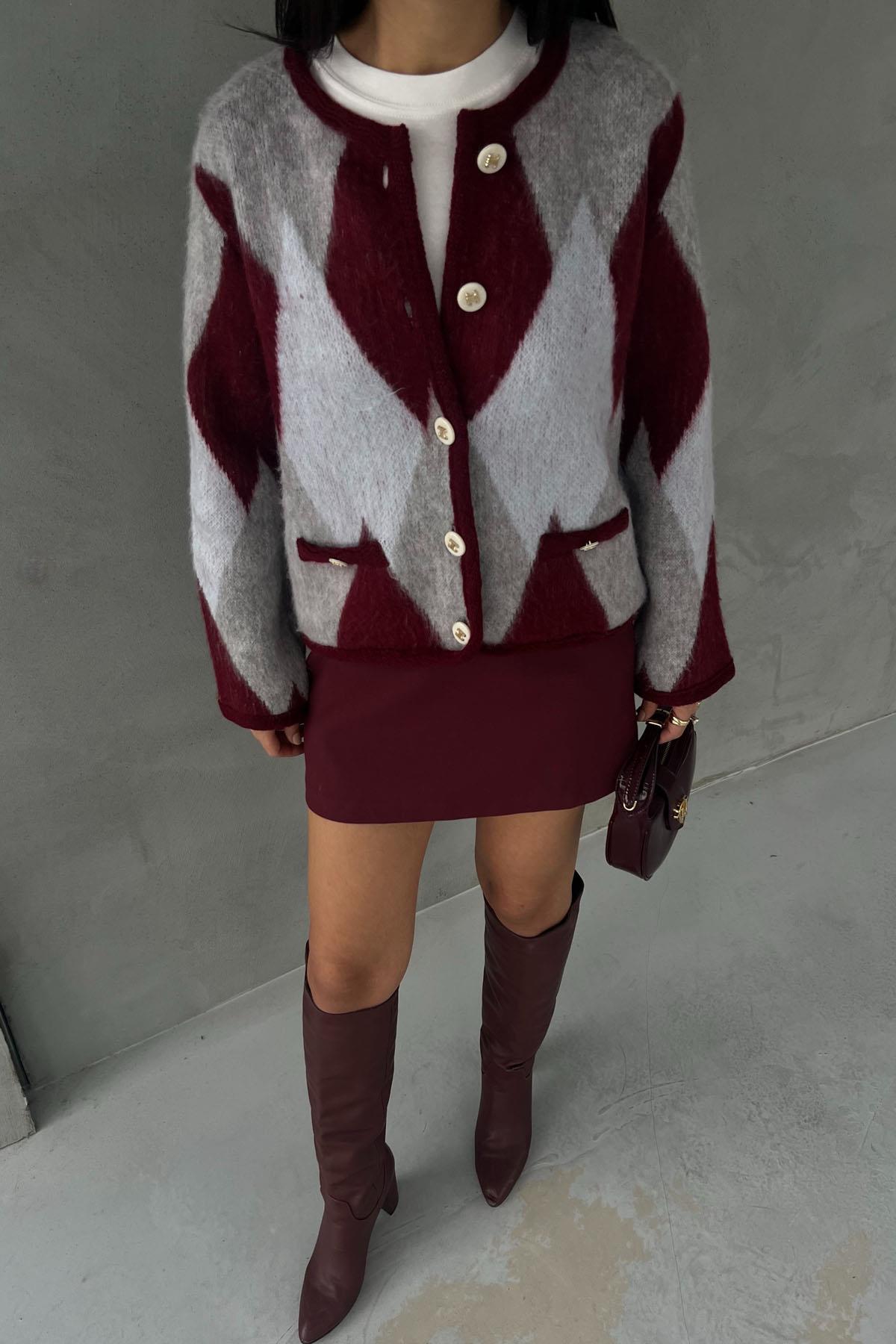 Claret red Transitional Soft Baklava Patterned Cardigan