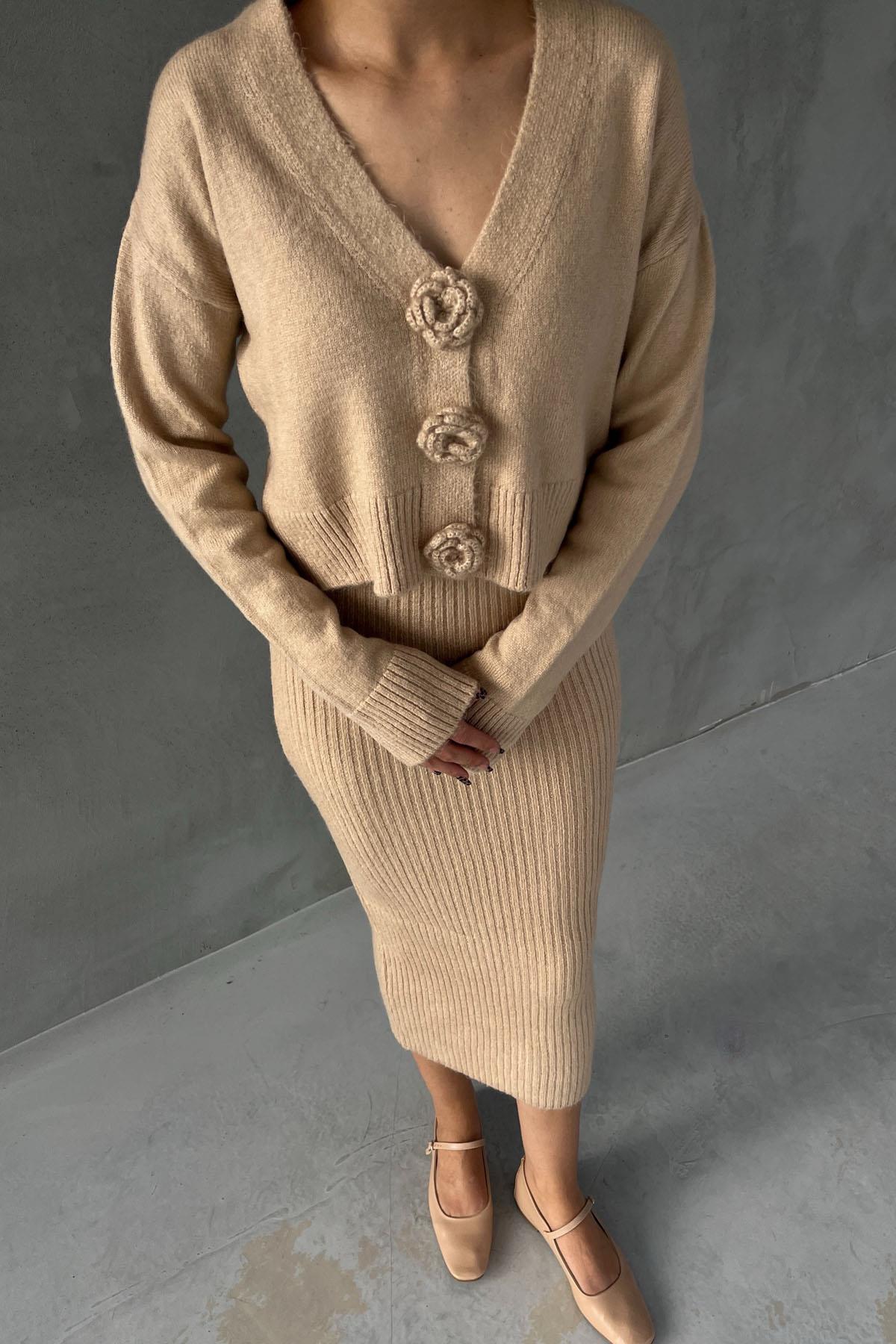 Beige Rose Detailed Cardigan Dress Two Piece Set