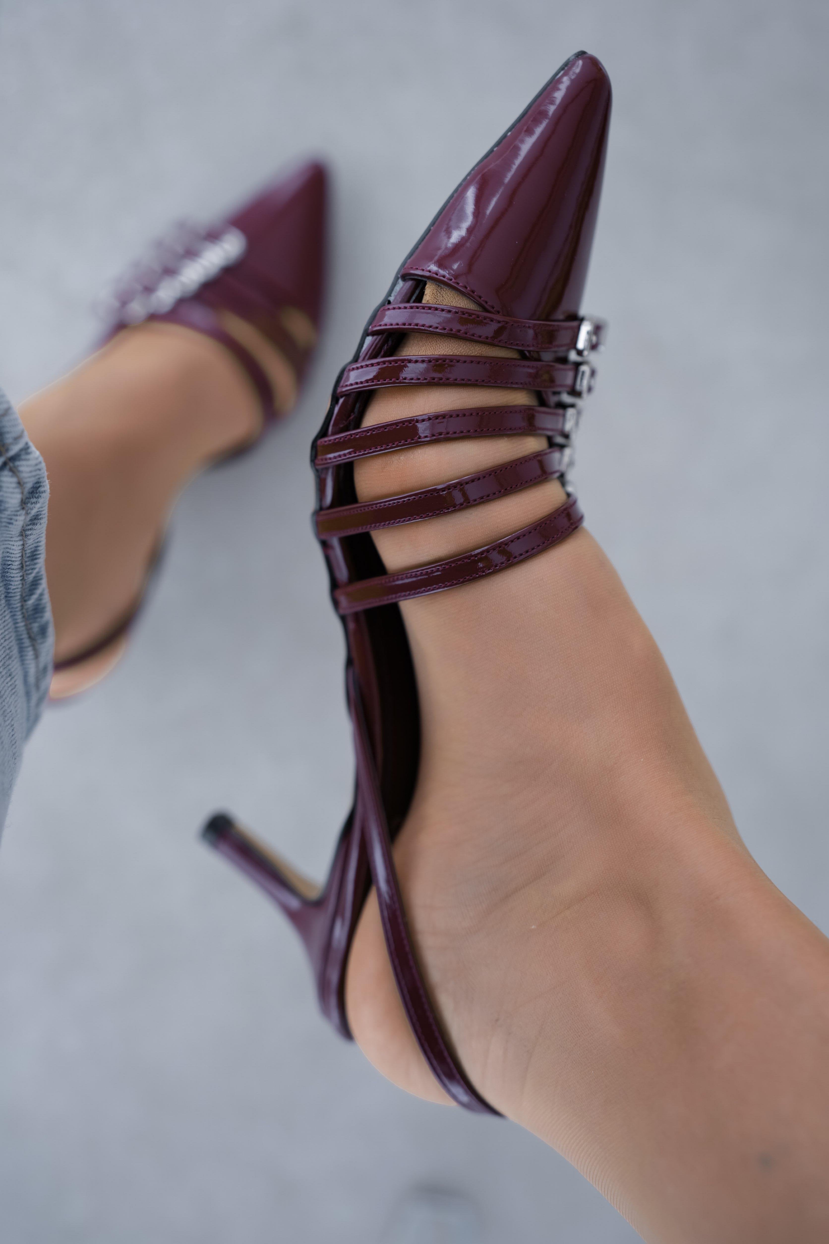 Pena Pointed Toe Five-Stripe Detailed Ankle-Tie Women's Stiletto- CLARET PATENT