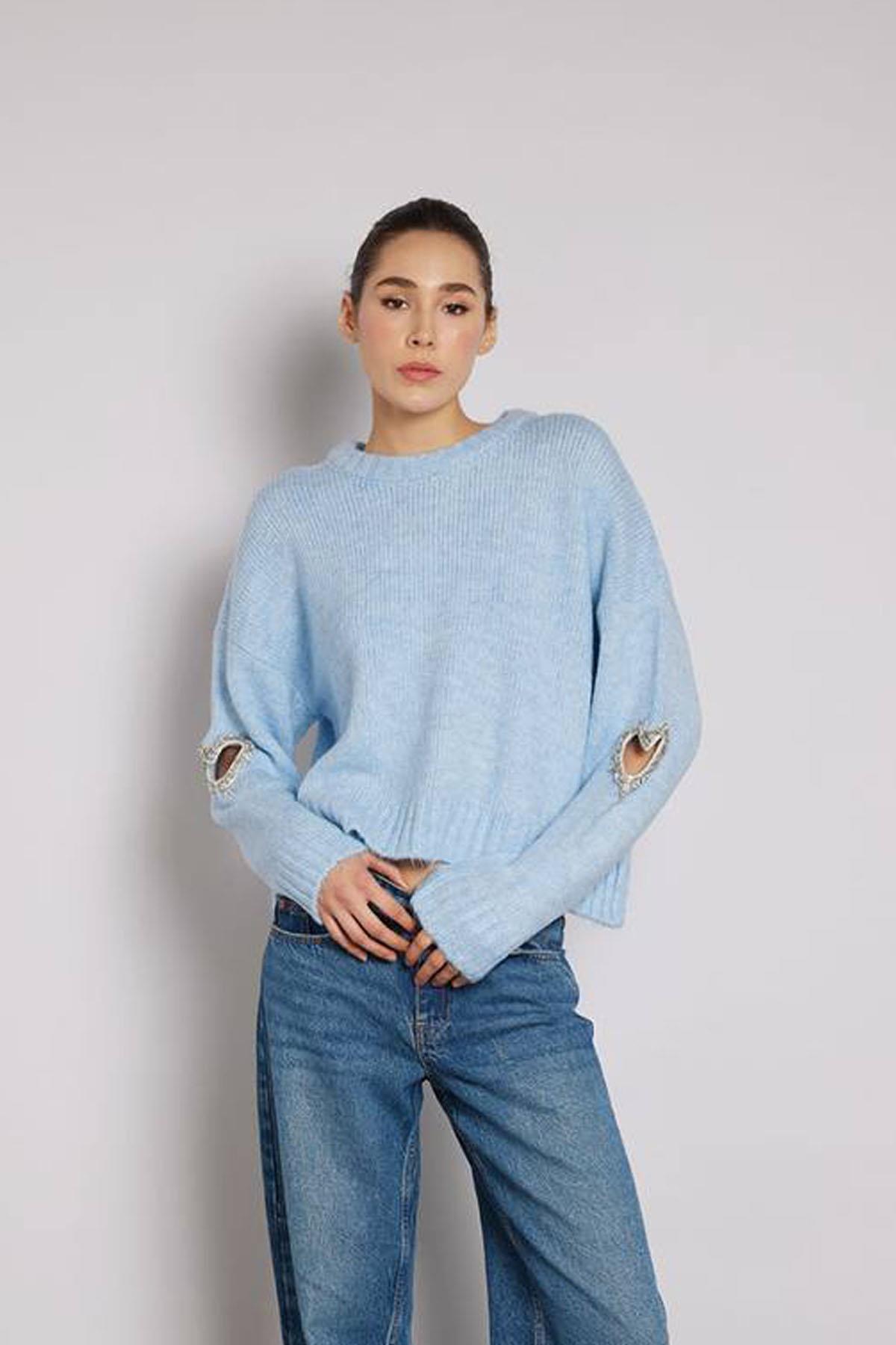 Baby Blue Sweater with Heart and Stone Detail on the Sleeve