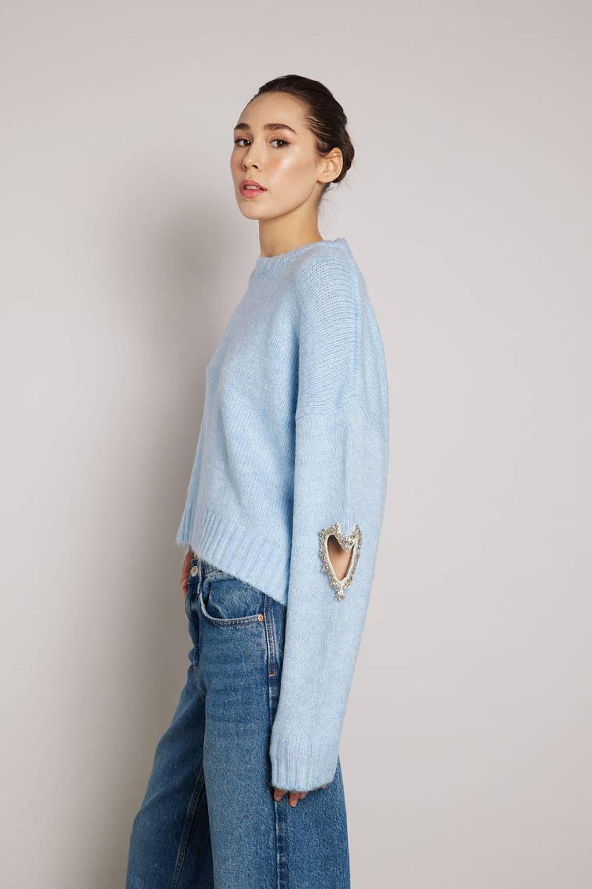 Baby Blue Sweater with Heart and Stone Detail on the Sleeve