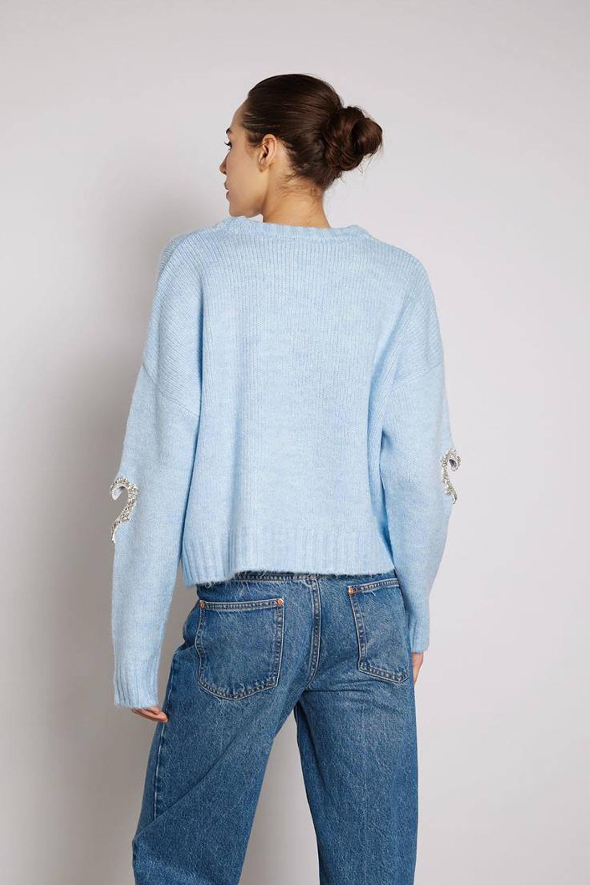 Baby Blue Sweater with Heart and Stone Detail on the Sleeve