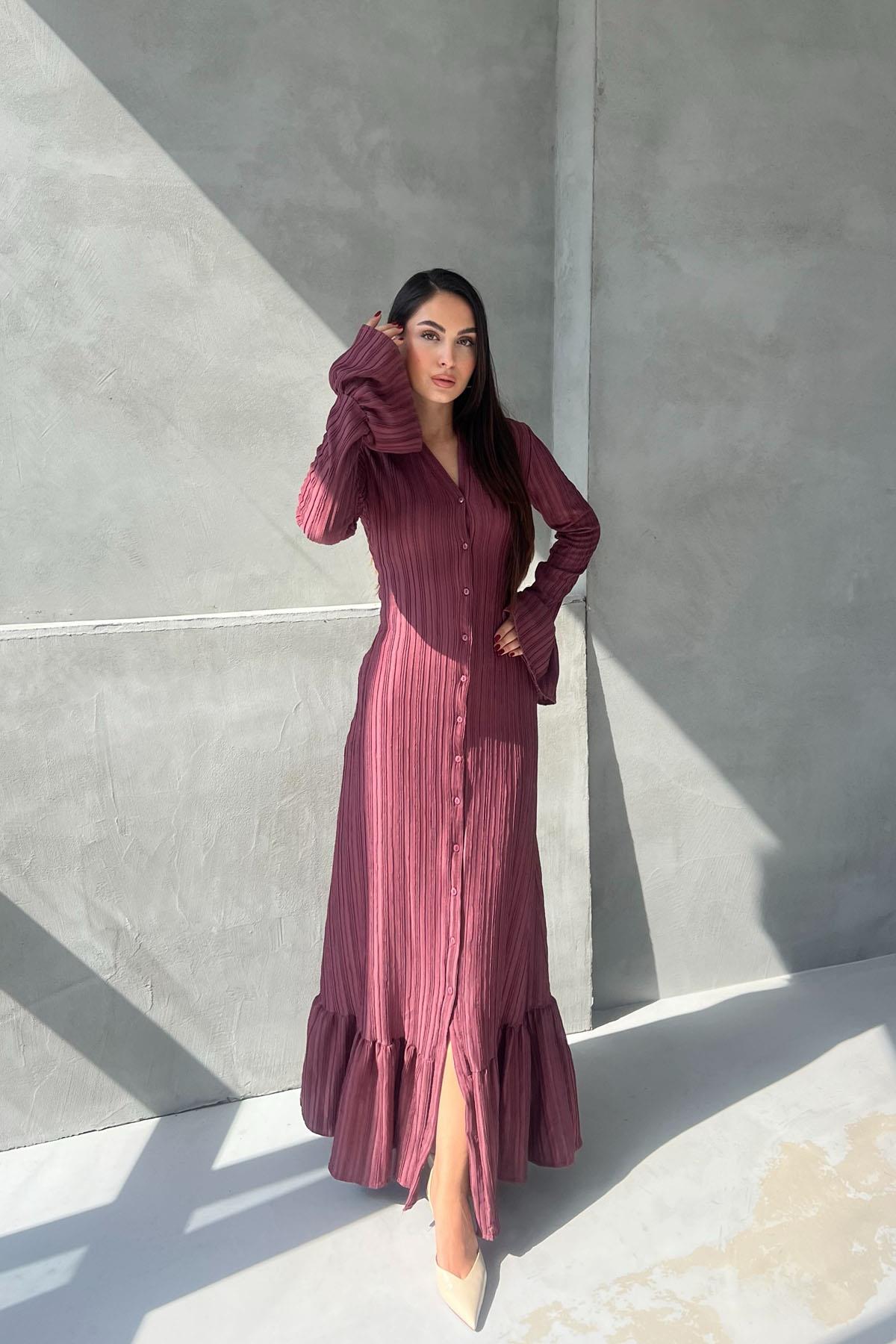 Purple Pleated Buttoned Sleeve Detailed Long Dress