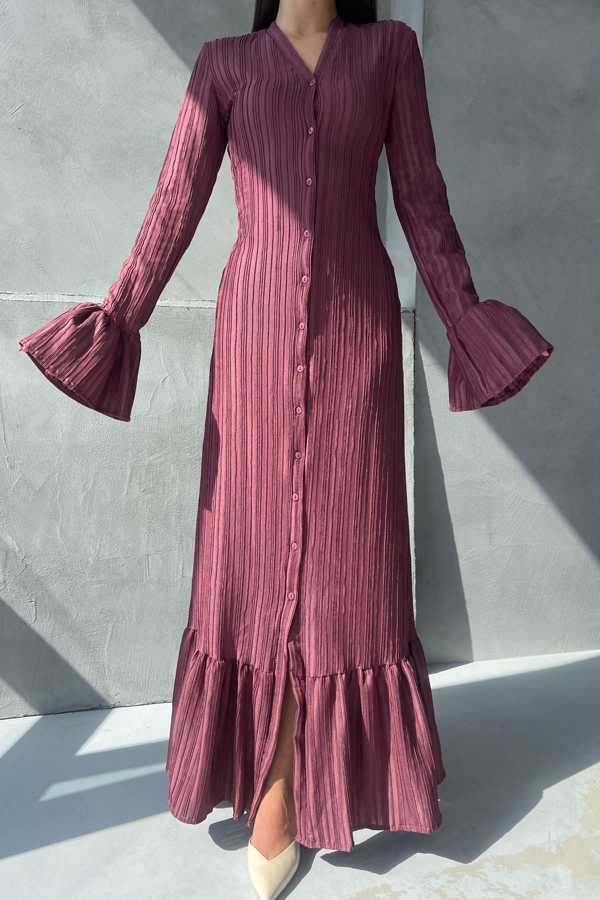 Purple Pleated Buttoned Sleeve Detailed Long Dress