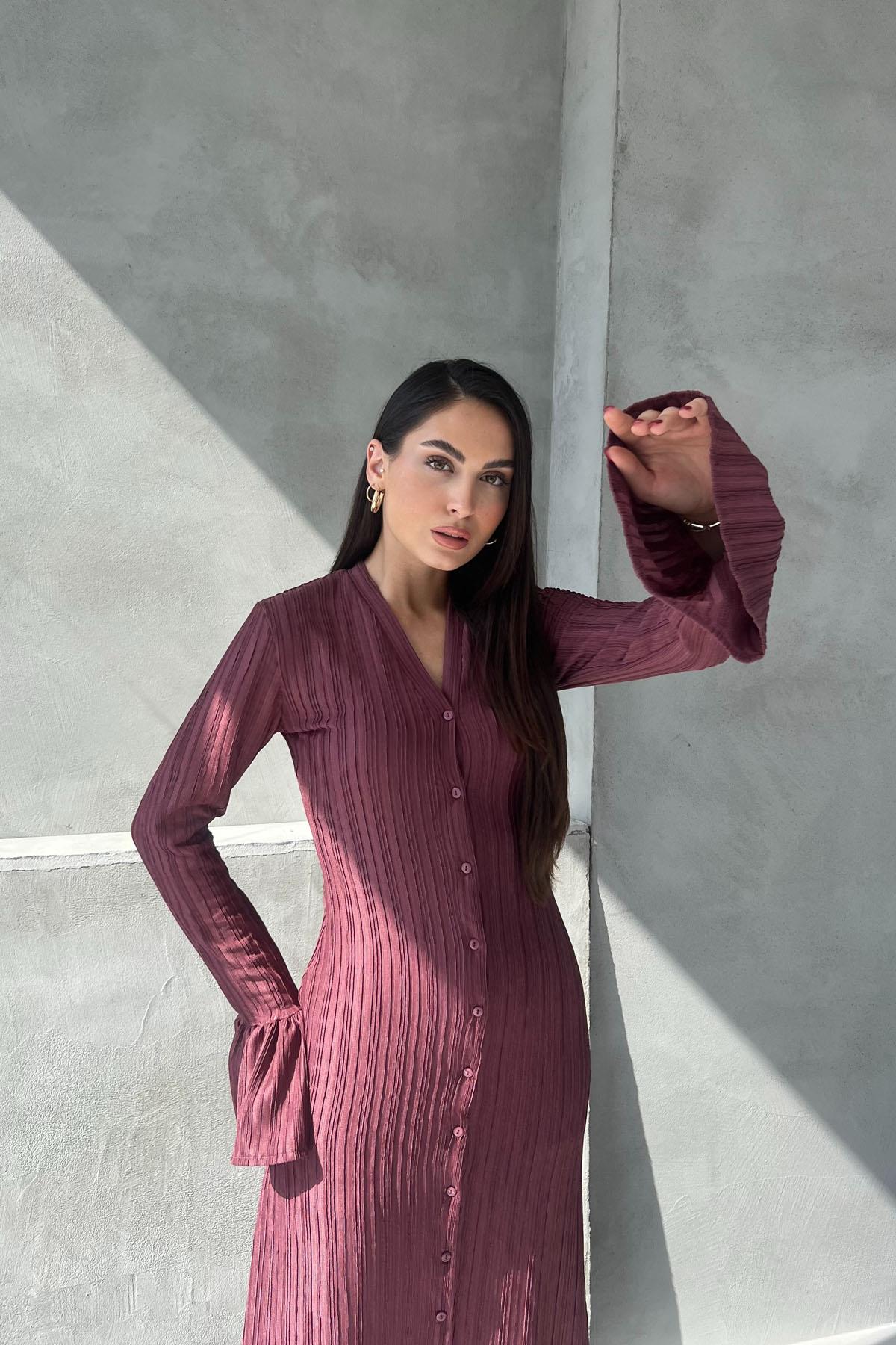 Purple Pleated Buttoned Sleeve Detailed Long Dress