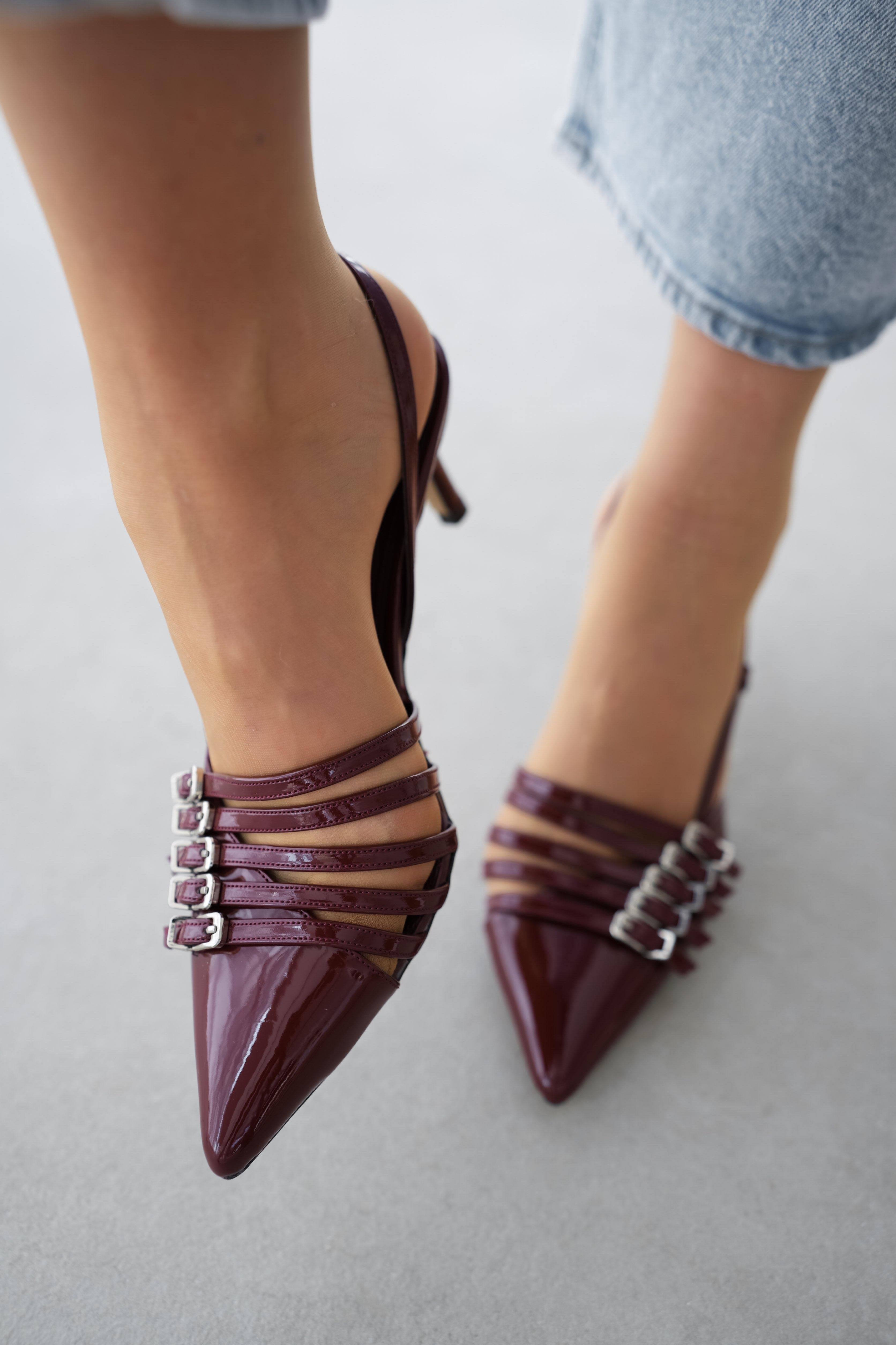 Pena Pointed Toe Five-Stripe Detailed Ankle-Tie Women's Stiletto- CLARET PATENT