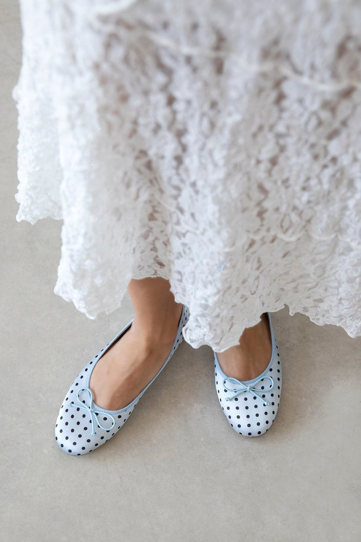 LILY BABY BLUE POLKA DOT SATIN BOW DETAIL WOMEN’S BALLET FLATS