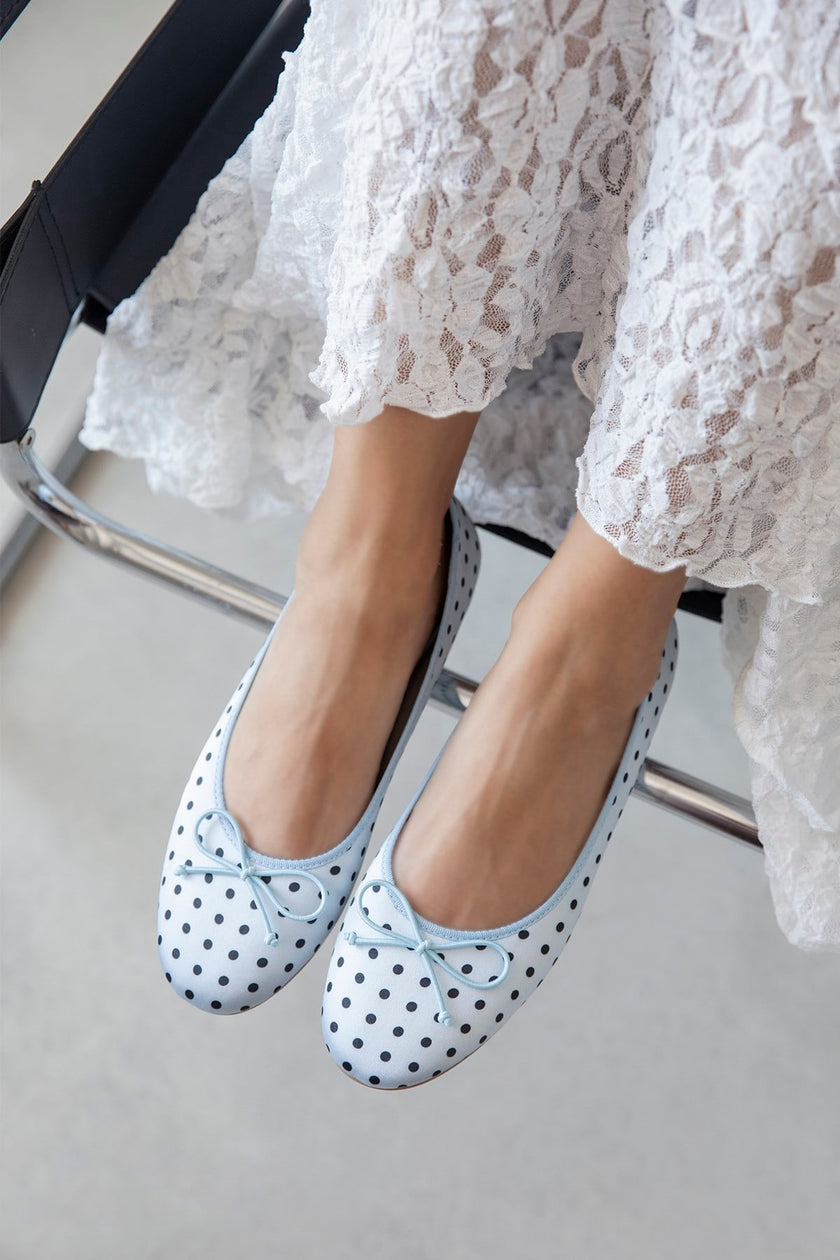 LILY BABY BLUE POLKA DOT SATIN BOW DETAIL WOMEN’S BALLET FLATS