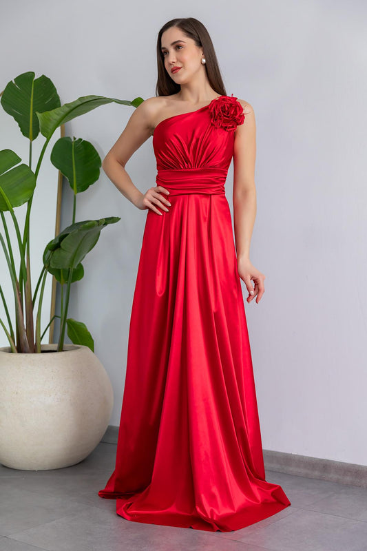 Satin Evening Dress with Rose Accessories - RED - Lebbse