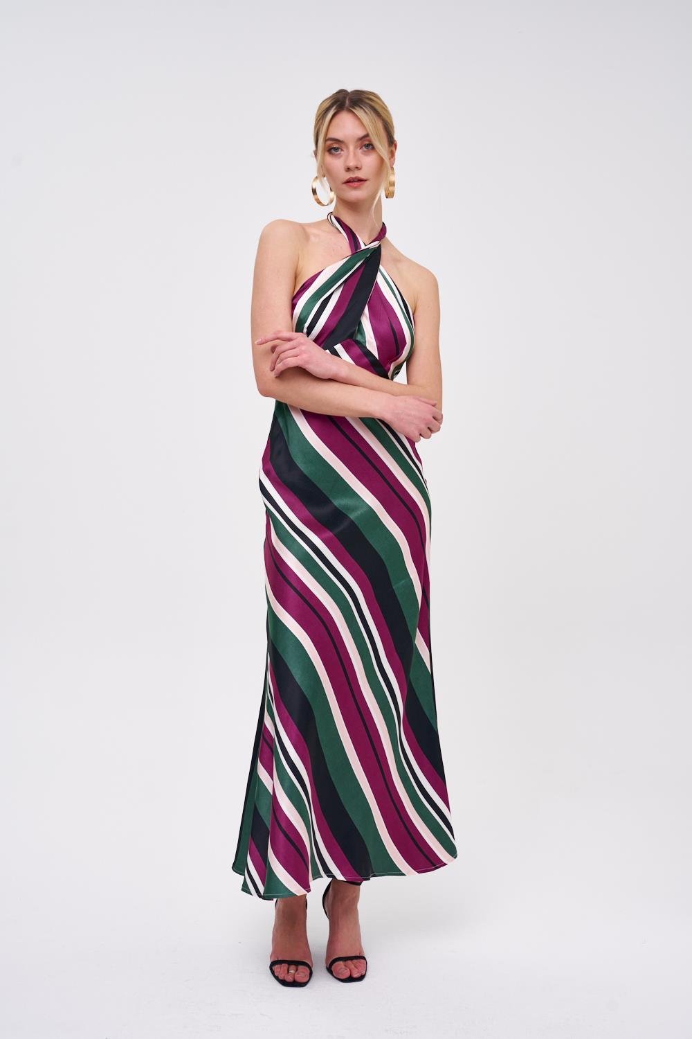 SATIN LONG DRESS WITH TIE AT THE NECK - Lebbse