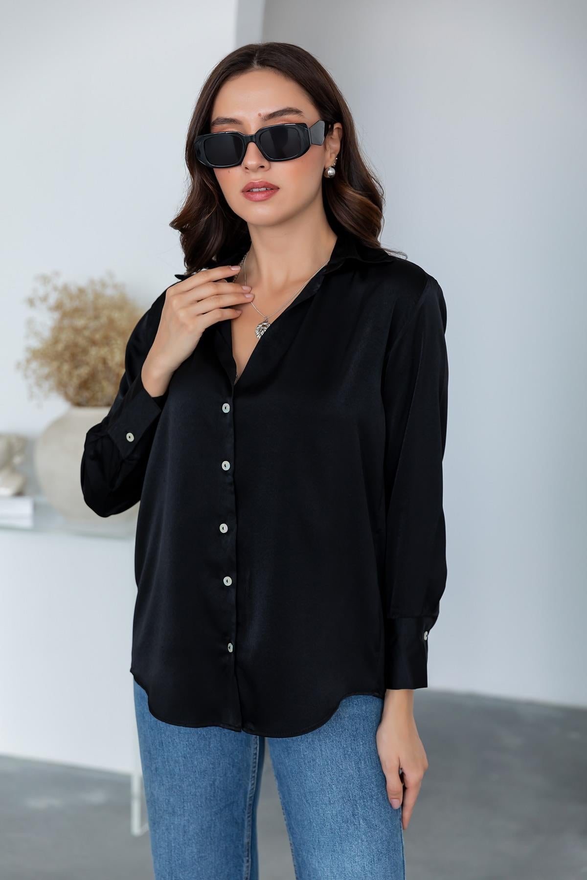 قميص ستان خروج حريمي بيسك لون أسود - Satin Shirt - BLACK